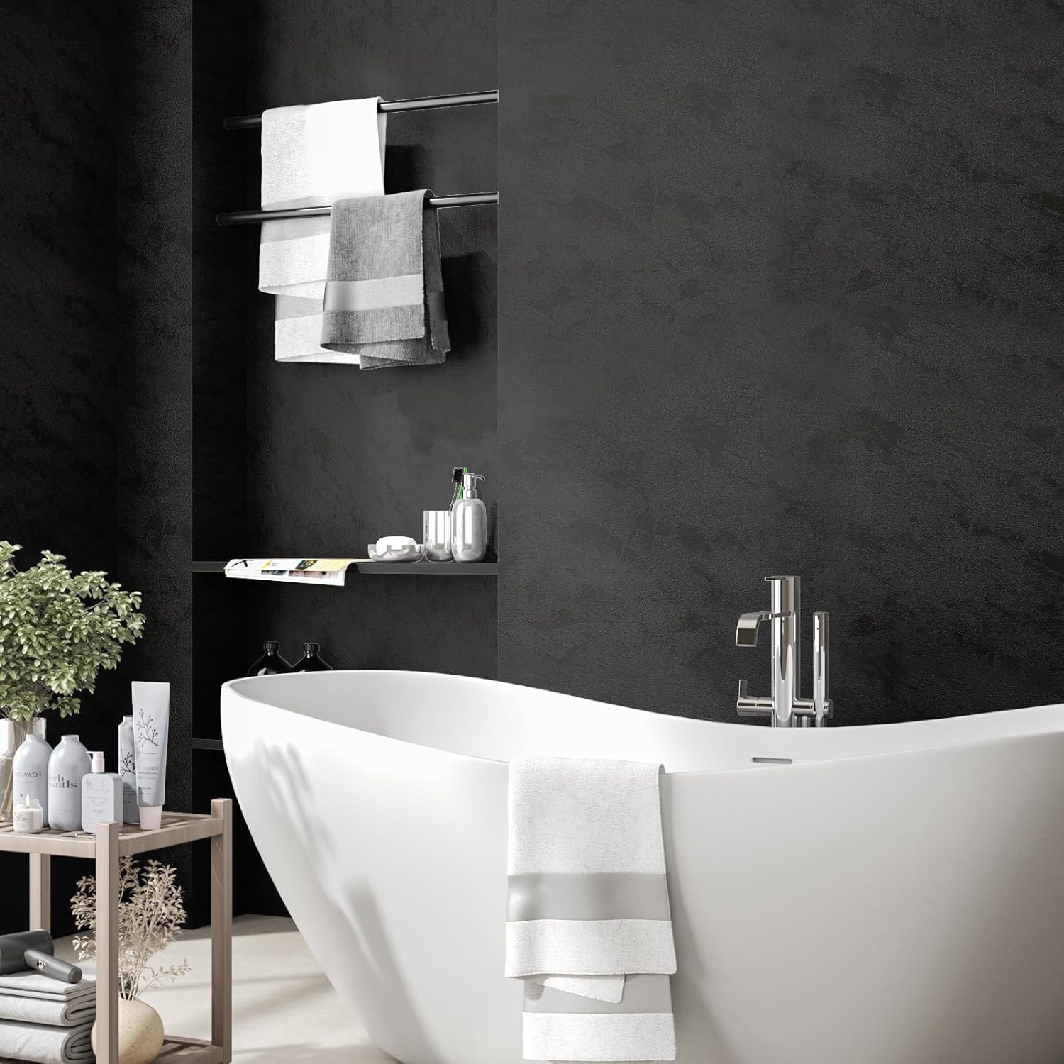 VEELIKE 15.7''x354'' Concrete Wallpaper Peel and Stick Modern Charcoal Black Concrete Contact Paper for Countertops Waterproof Self Adhesive Removable Thick Vinyl Film for Bedroom Bathroom Cabinets