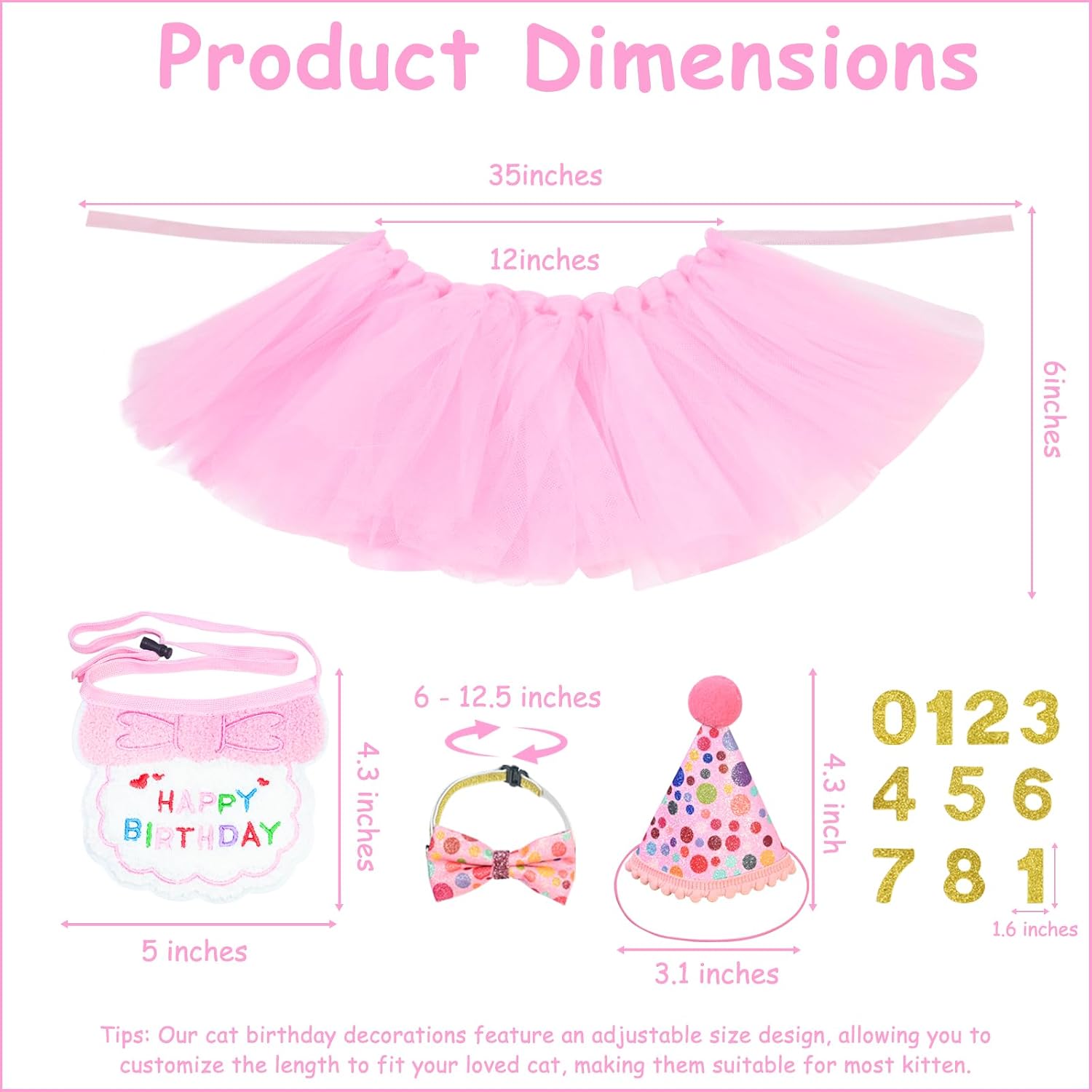 5Pcs Cat Birthday Decorations, Adjustable Cat Birthday Hat Bandana Tutu Skirt Collar Bow & 9 Number Stickers 0-8, Kitten Costume Outfit Decorations for Birth, Small Dog Friendly (Pink) image 3