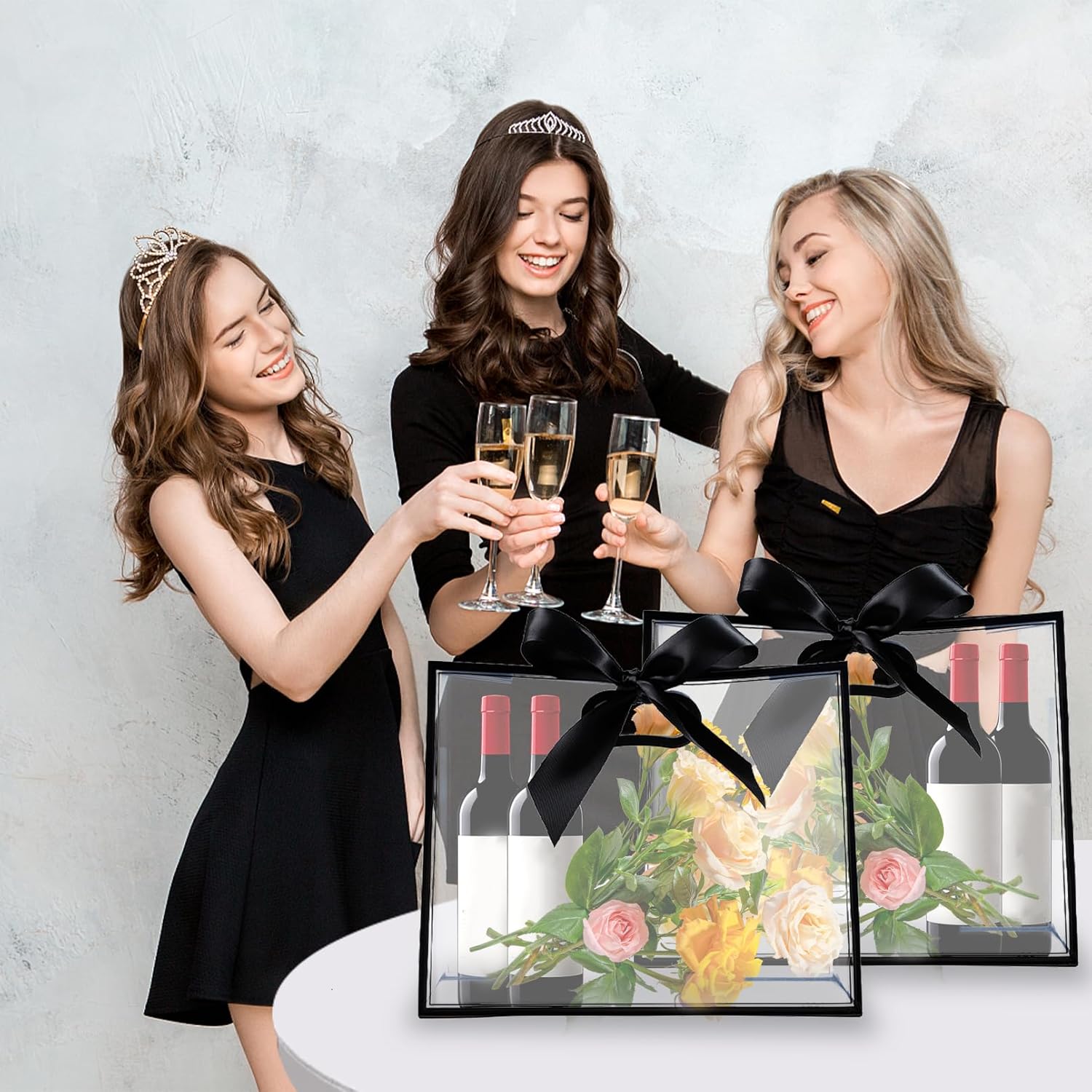 Gdotmely 12 Pcs Clear Plastic Gift Bags with Die Cut Handles,Reusable Party Favor Bags with Ribbons, Clear Gift Bag for Wedding Bridal Baby Shower Birthday Party Business, 12 x 10 x 5''(Black) - Image 6