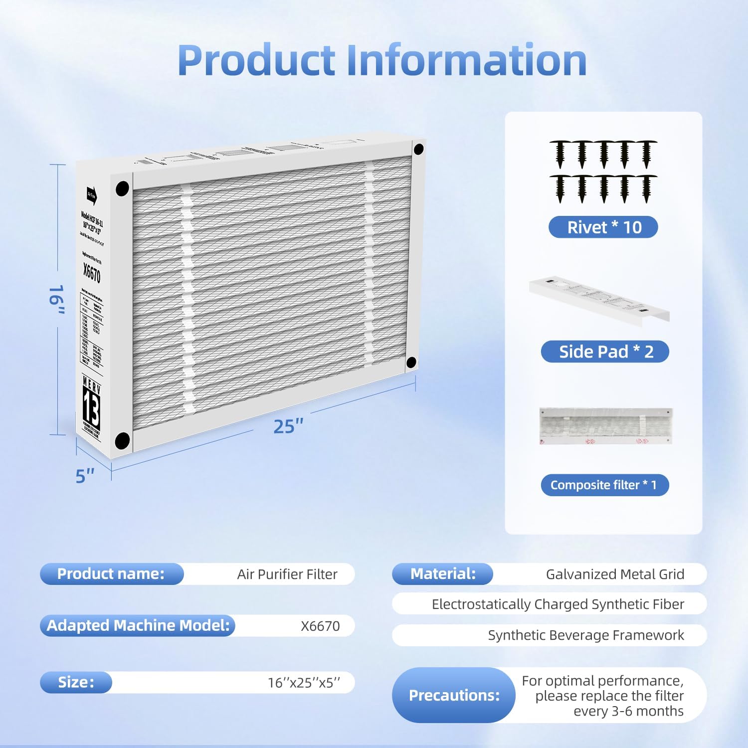 16x25x5 MERV 13 Furnace Filter Replacement Compatible with Lennox x6670、Honeywell FC100A1029 Pleated Design for HVAC AC Filter(1-PACK)