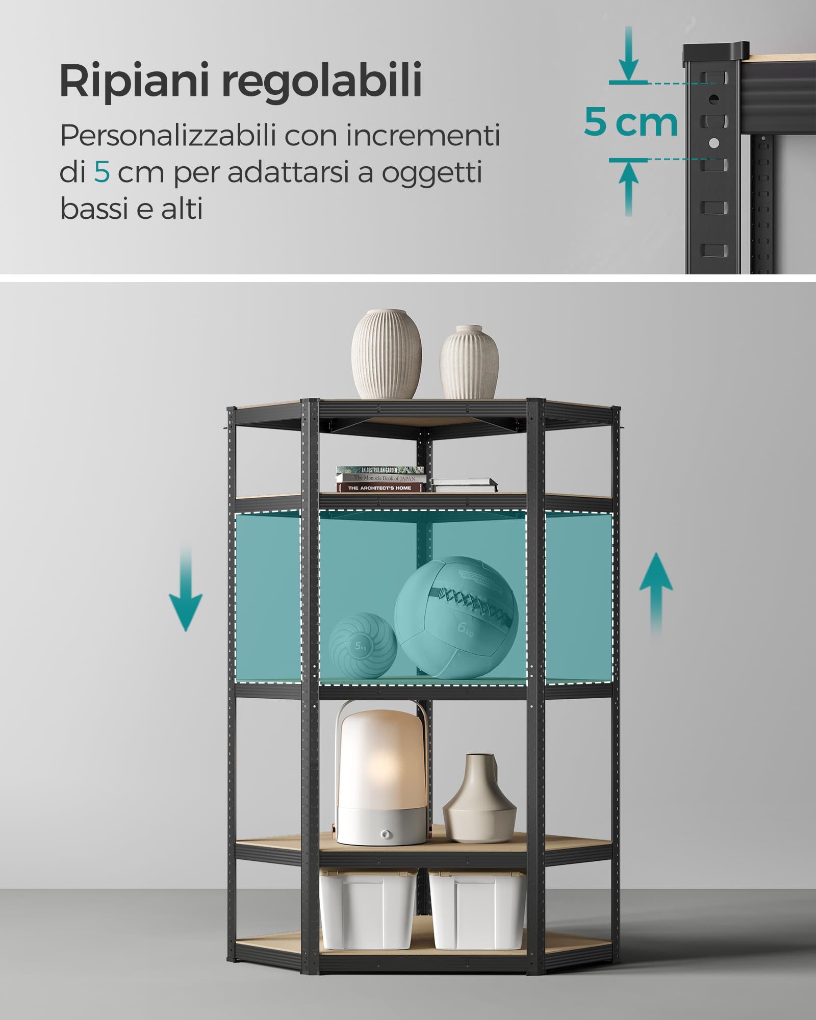 SONGMICS Scaffale Angolare a 5 Ripiani, Scaffalatura ad Angolo in Acciaio per Carichi Pesanti, per Garage, Ripostiglio, Magazzino, Portante 875 kg, Nero Inchiostro e Beige Naturale GLR080B01