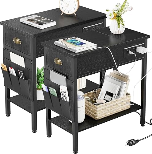 Miniatura 1 de Juego de 2 mesas auxiliares, mesa auxiliar con estación de carga y puertos USB, mesita de noche de 2 niveles con almacenamiento, mesita de noche