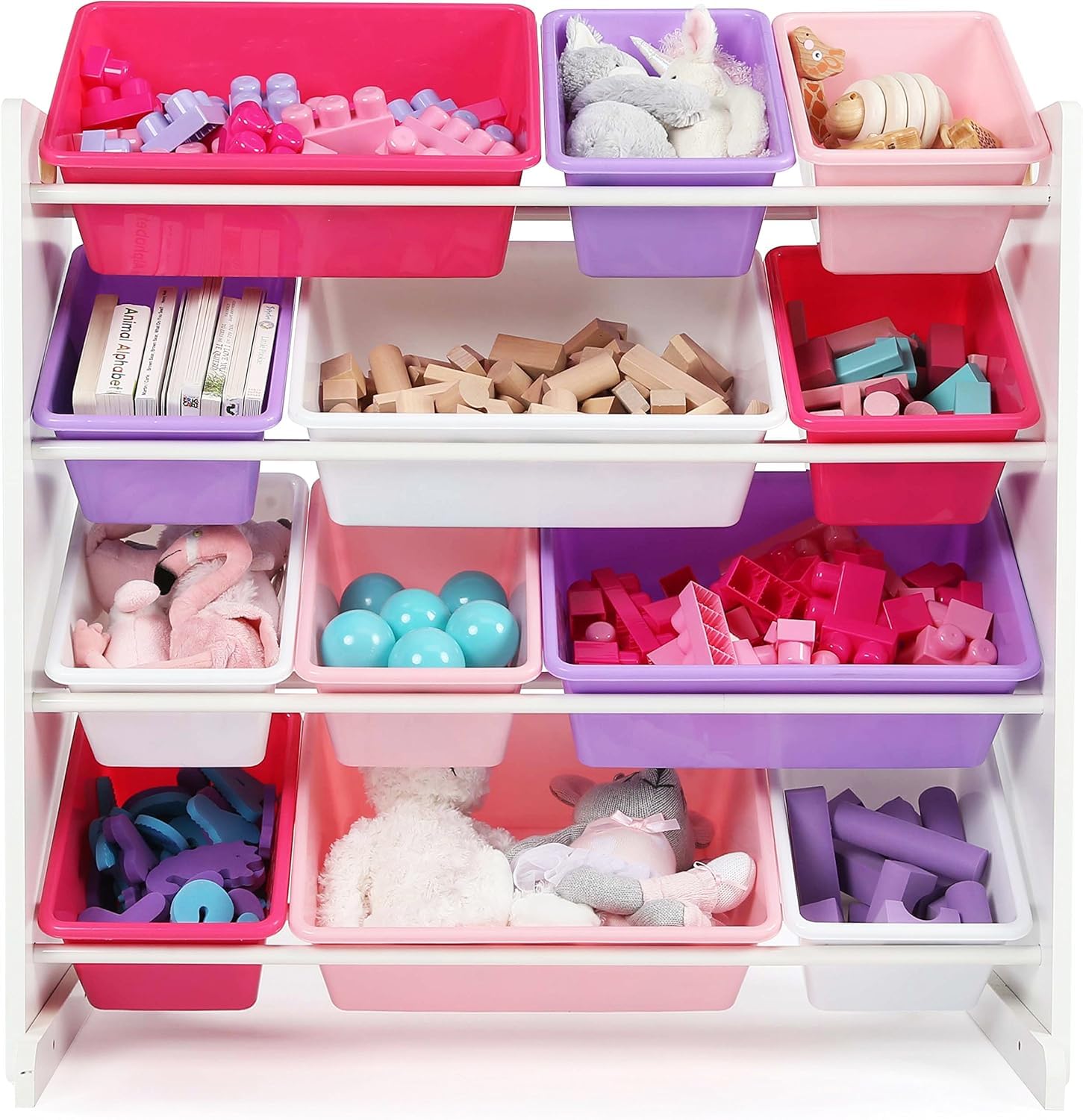Snazzy Kids Toy Storage Organizer with 12 Plastic Bins, White/Pink/Purple β Removable Bins for Playroom, Bedroom, Toddler Furniture for Boys and Girls 2