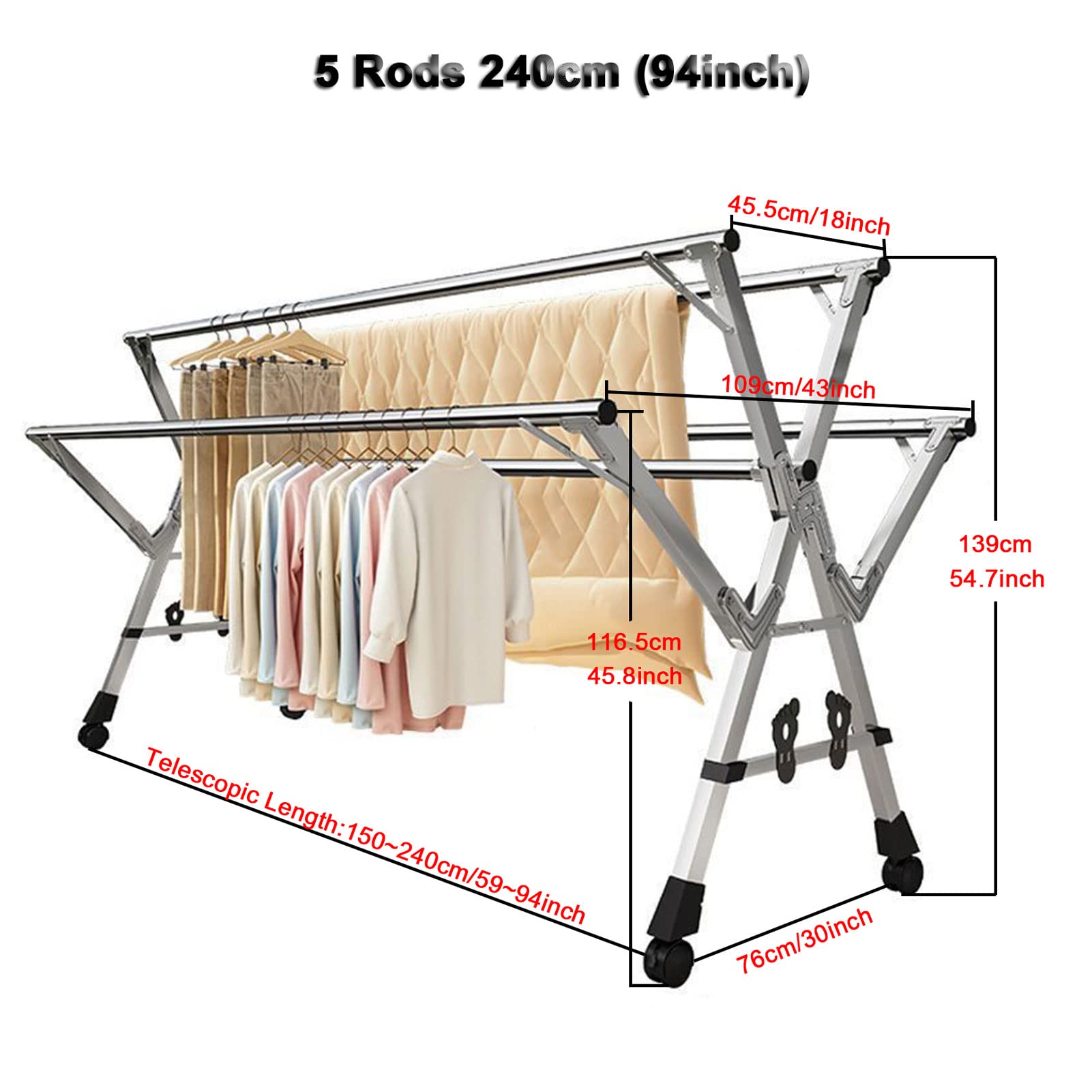 FOGUO 5Poles Clothes Drying Rack, Portable Drying Rack Clothing, Blanket Rack Clothesline with 20 Windproof Hooks for Indoor/Outdoor Use