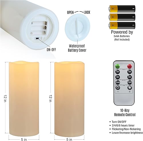 Miniatura 4 de Velas de pilar LED parpadeantes impermeables de 12 x 5 pulgadas para exteriores, funciona con pilas, con control remoto y temporizador para