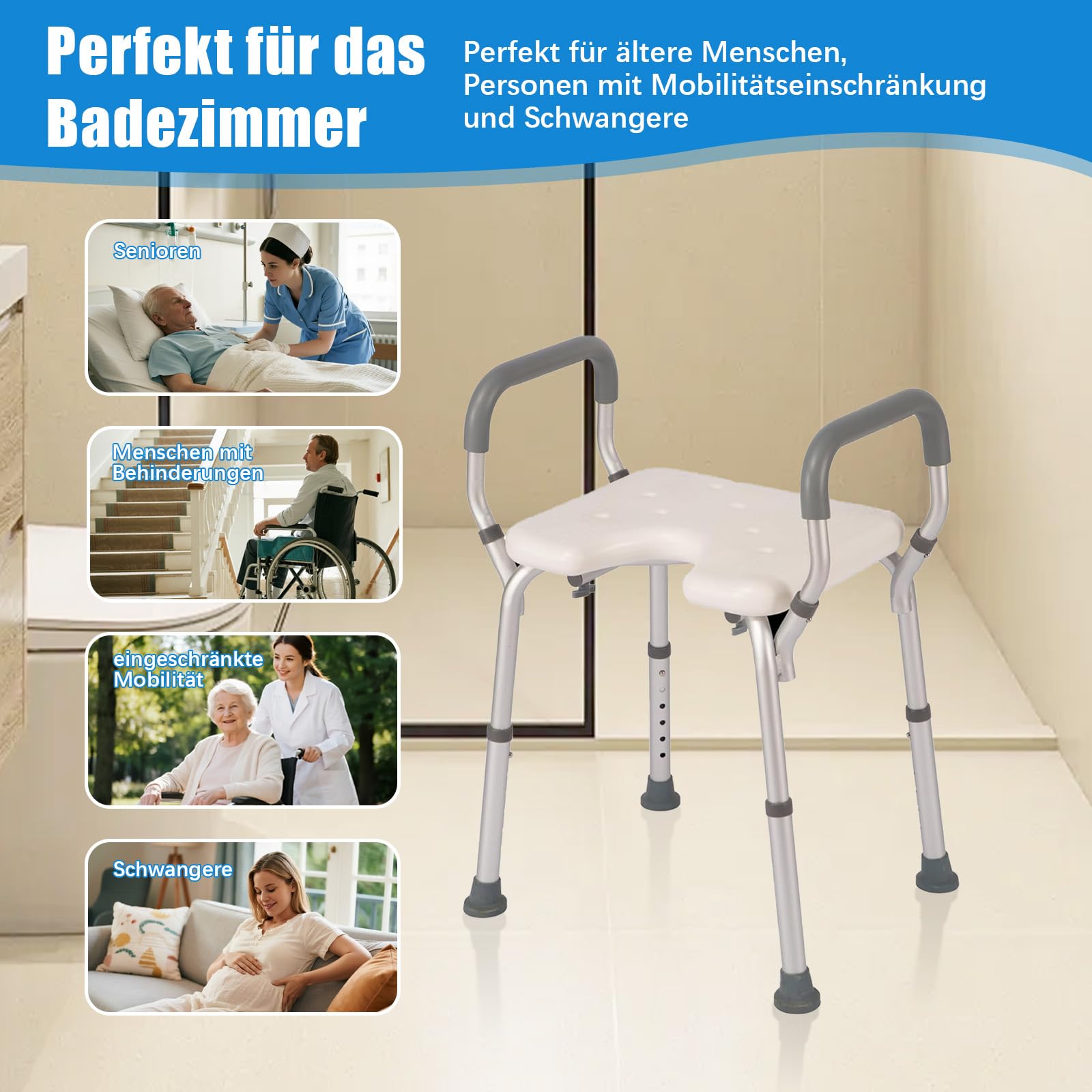 Duschhocker für Senioren, 6-stufig höhenverstellbarer Badewannenhocker mit Armlehnen & U-Sitz, Rutschfester Aluminium Duschstuhl mit Eva-Polster, 38-67cm, 150kg Tragkraft für barrierefreies Baden
