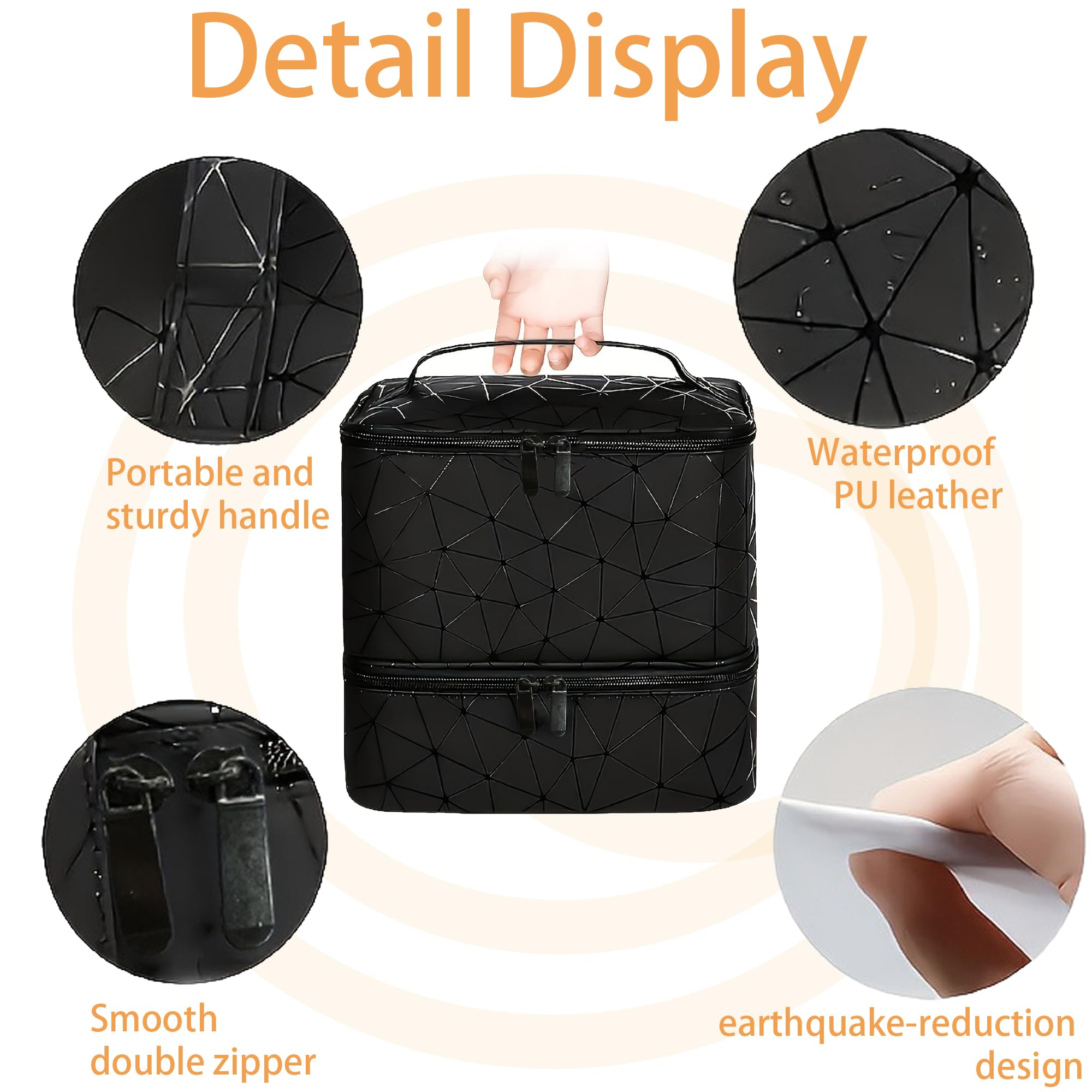 Organizador de esmalte de uñas de doble capa, rejilla de diamante negro, funda de transporte de esmalte de uñas, bolsa organizadora de maquillaje, bolsa de viaje de doble capa, bolsas de