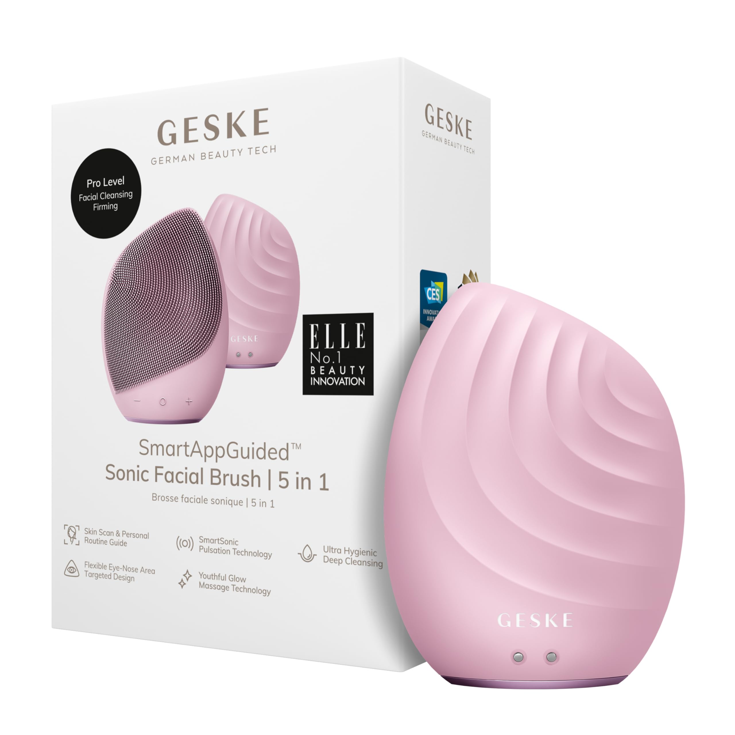 GESKE SmartAppGuided Sonic Facial Brush 5 in 1 Electric Facial Cleansing Brush Soft Silicone Brush Professional Facial Cleansing Device Face Massager