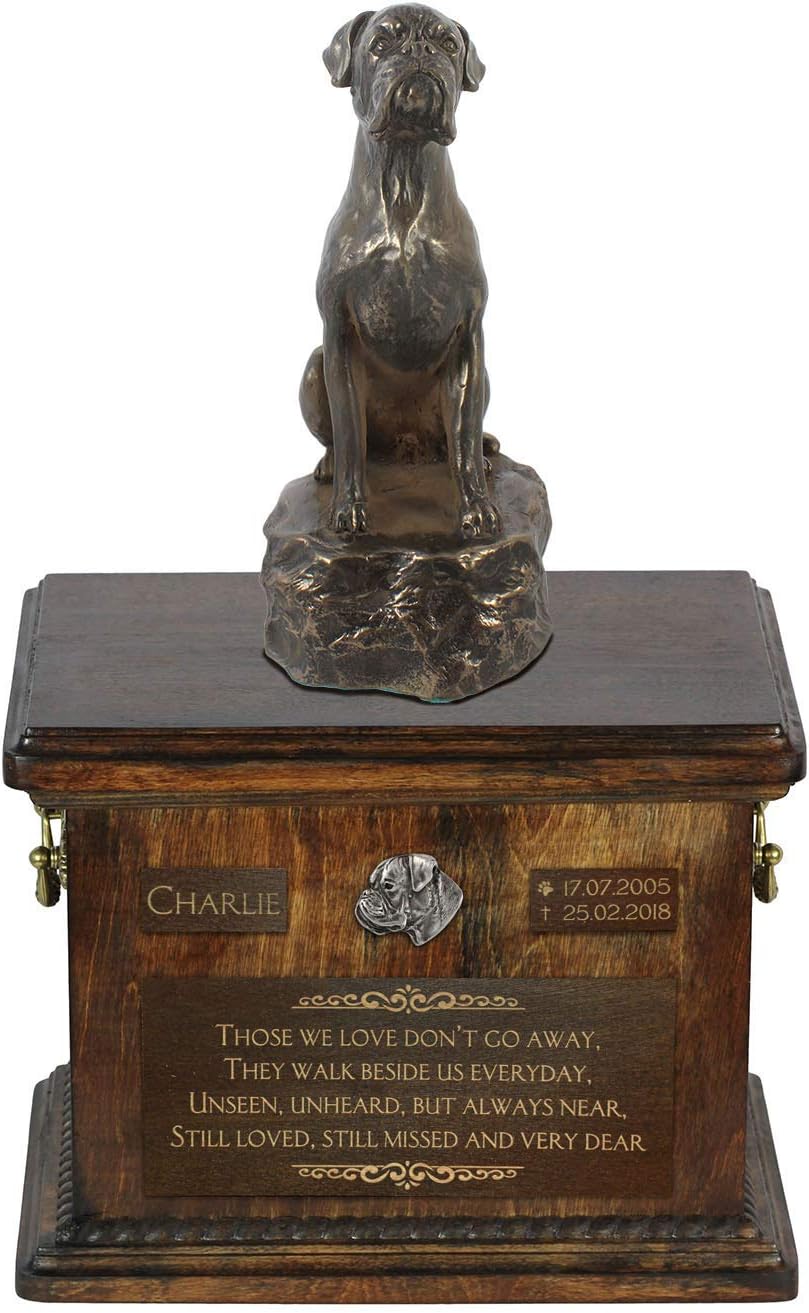Art-Dog Custom Dog Sitting Statue Memorial Urn - Handmade Cold Cast Bronze on Birch Base – Sturdy and Stylish Urn for Dog’s Ashes – 8.3x11.4x8.7 – 5l – Boxer V