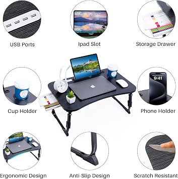 BYMECOST Laptop Desk for Bed, Height Adjustable Laptop Bed Table, Foldable Portable Lap Desk Stand with USB/Storage Drawer/Cup Holder/Slot, Breakfast Tray for Working Reading Writing Eating