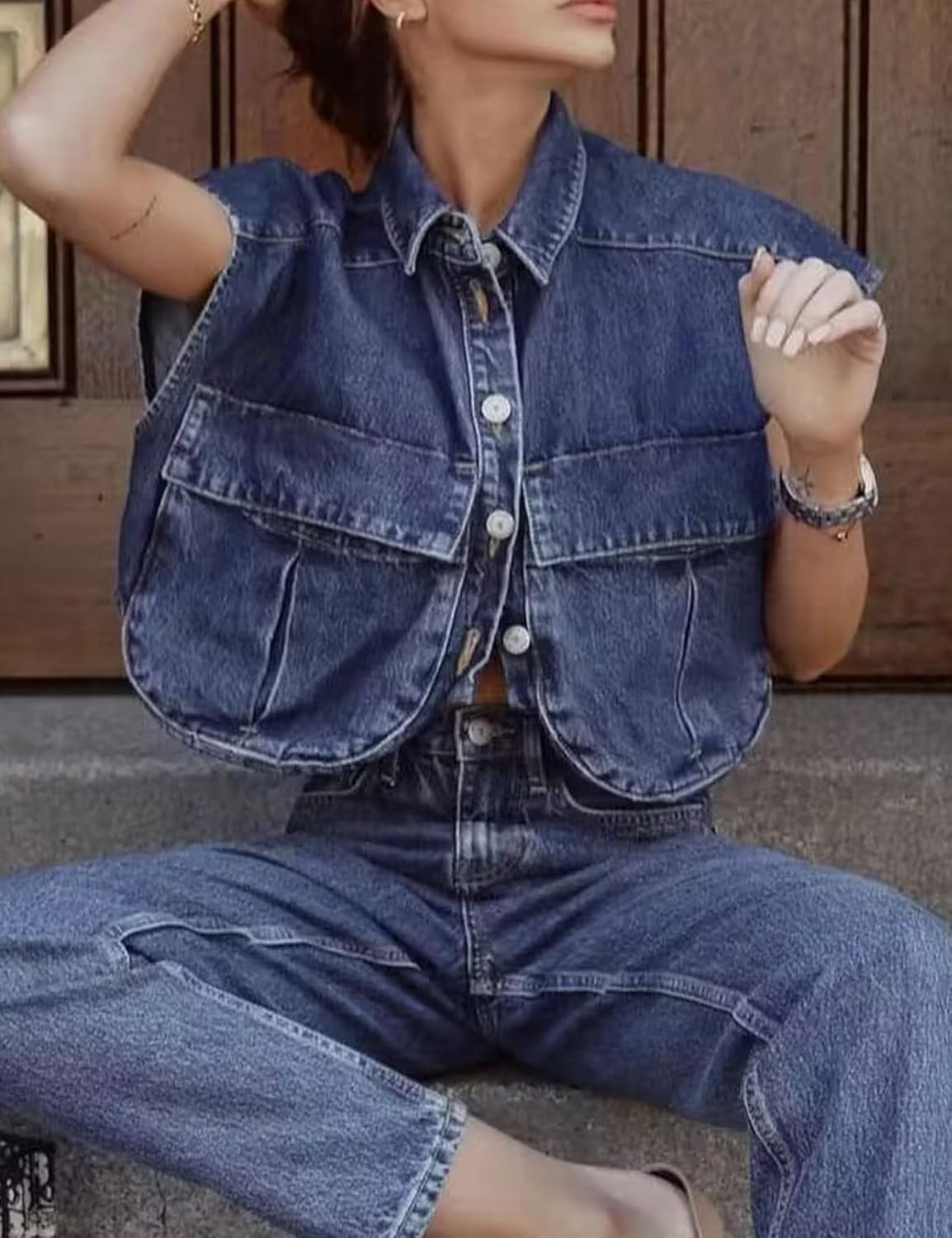 Perbai Womens Cropped Button Down Shirt Summer Collared Sleeveless Loose Denim Top with Pockets - Image 4