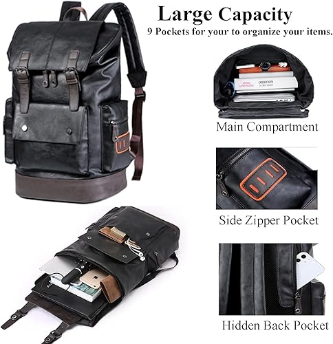 Miniatura 4 de CHAO RAN Mochila vintage de cuero para computadora portátil para hombres, mochila de cuero negro para hombres.., Negro -, Colegio Viajes Backapck