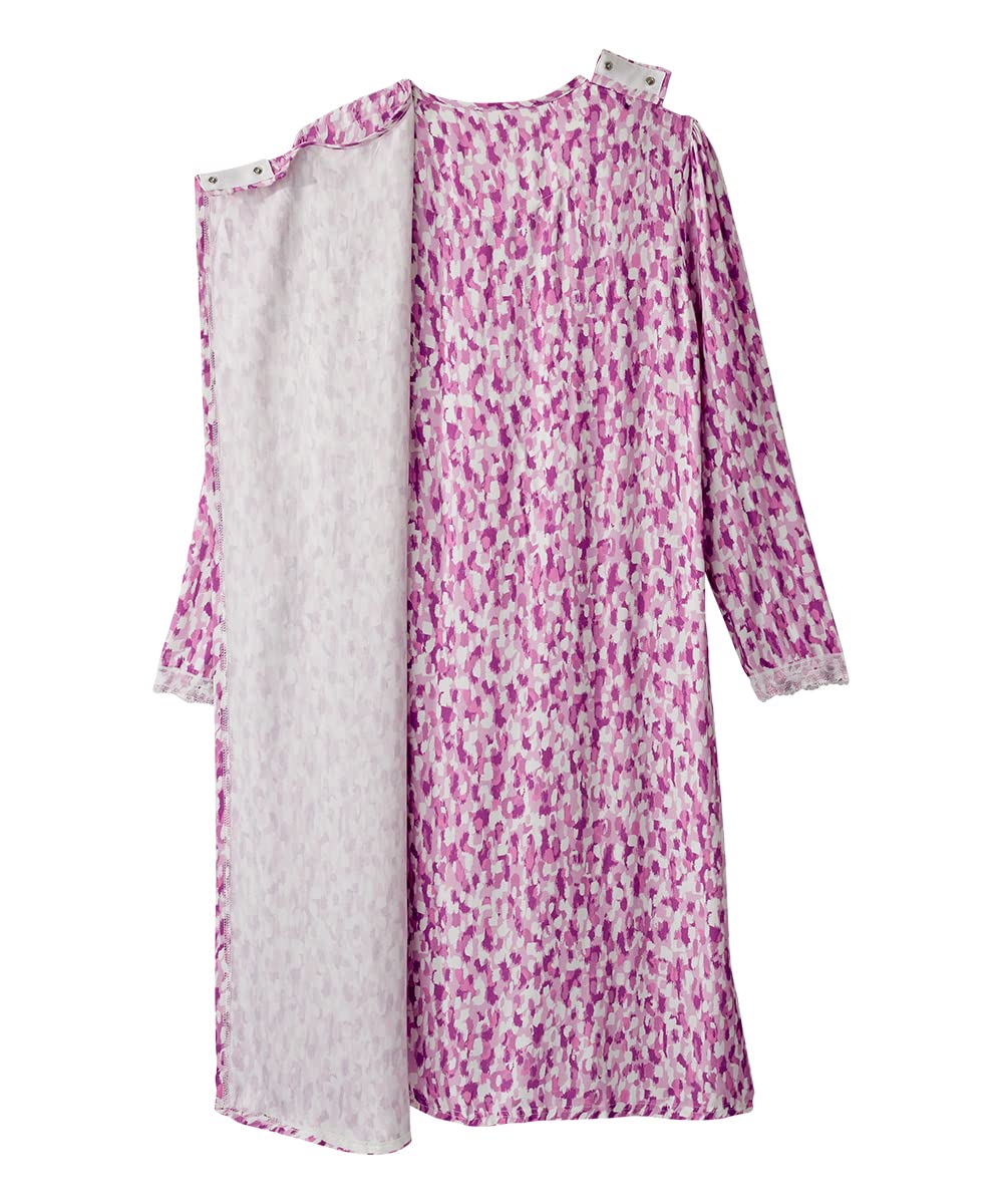 Women’s Open Back Adaptive Lace Trim Nightgown Long Sleeve Flannel