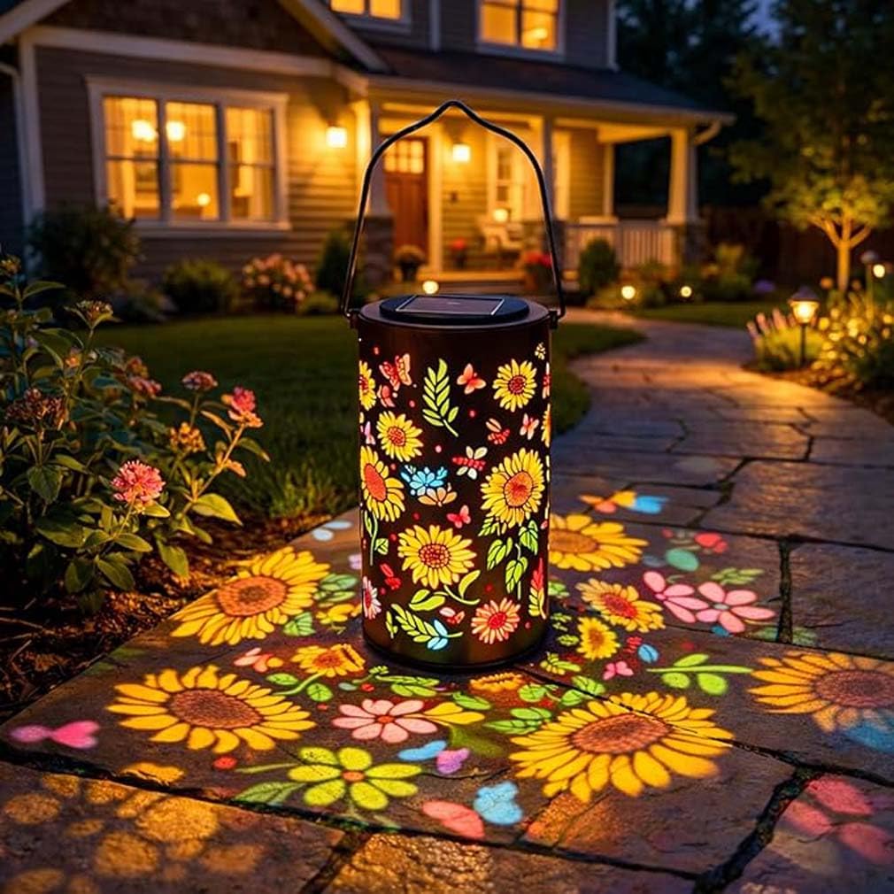 Colorful Sunflower Glow Solar Garden Lantern,Hanging Solar Shadow Lantern with Hollow Design,Colored Garden Solar Lights with Sunflower,Vibrant Floral Shadow Lights,Waterproof Outdoor Decorative Light