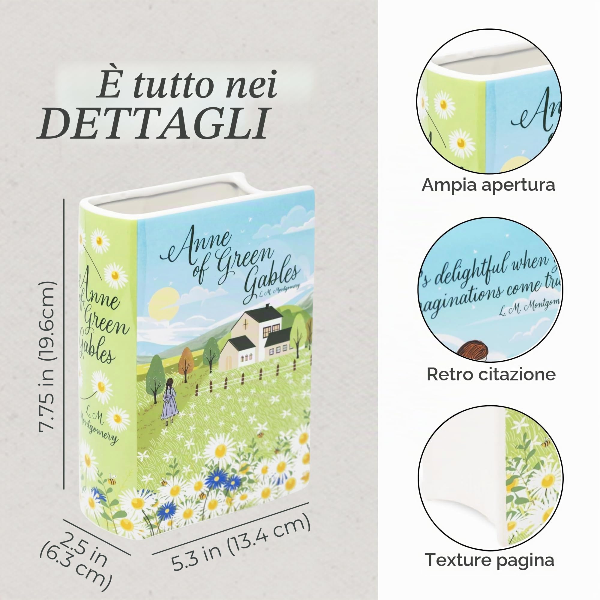 Steel Mill & Co - Grande vaso decorativo a forma di libro, in ceramica, per la casa, graziosa decorazione per libreria, vaso unico per gli amanti dei libri, Anne of Green Gables