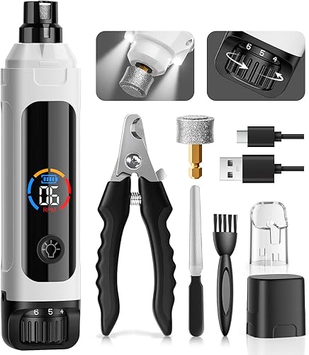 Molinillo de uñas para perro, recortador de uñas eléctrico silencioso de 6 velocidades, cortaúñas para perros pequeños, medianos y grandes, kit de