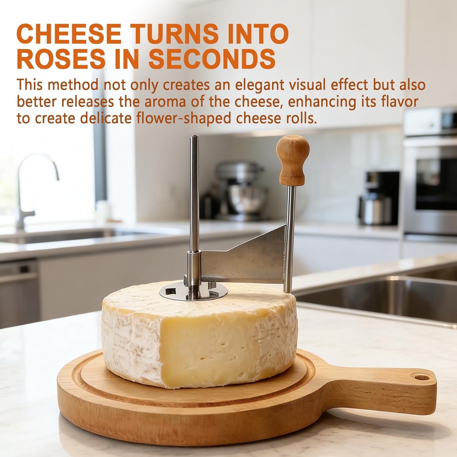 Cheese Curler Wheel, Stainless Steel Cheese Curler Wheel, Handheld Rotary Stainless Cutter Steel Blade and Wooden Base for Home Restaurants Cafes Bakery Dessert Shops