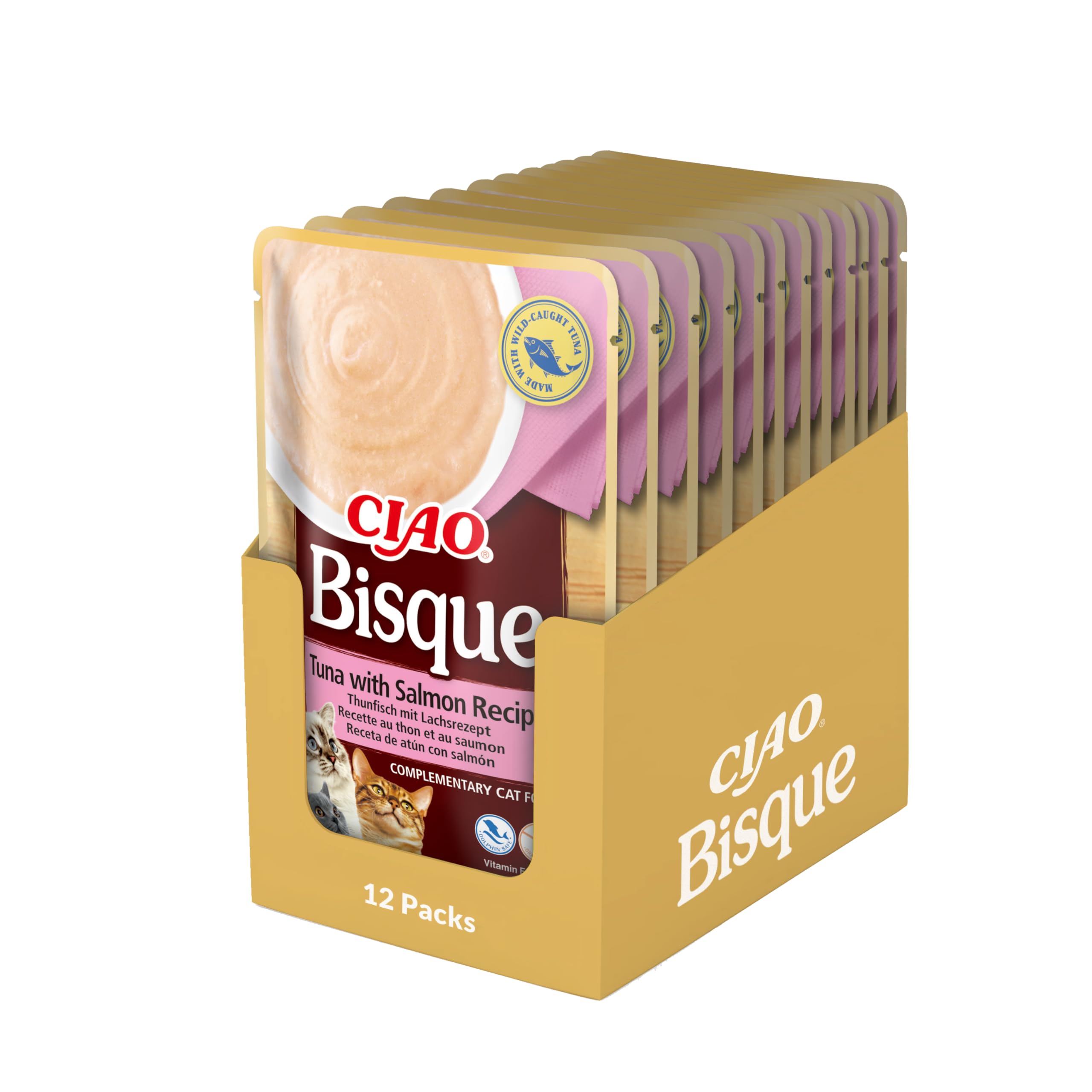 Ciao Bisque by INABA Wet Cat Food - Tuna and Salmon- 12 Packs (480g total) / Moist Treat, Delicious & Healthy Snack, Side Dish, Complement, Natural, Grain Free, Wet Cat Food