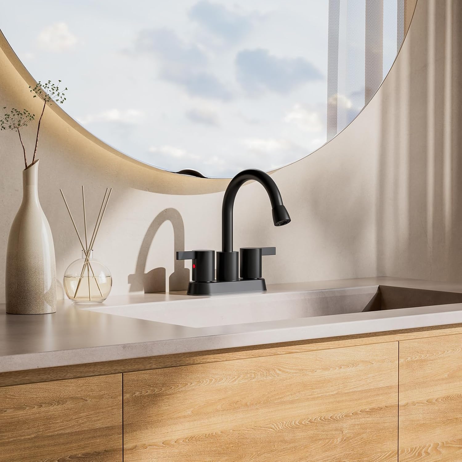 Phiestina 4 Inch Centerset Black Bathroom Sink Faucet with Pull-Out Sprayer,Swivel Spout - Complete Set,Metal Pop-Up Drain, Water Supply Lines, Utility Laundry Faucet for 3-Hole Sinks，BF04011-K01-MB