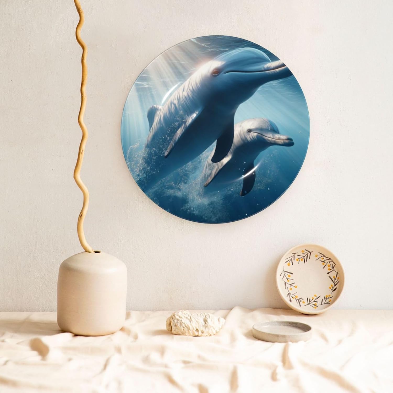 Dolphins-Underwater 10 Inch Decorative Plate With Stand, Elegant Display Wall Plate For Home Decor