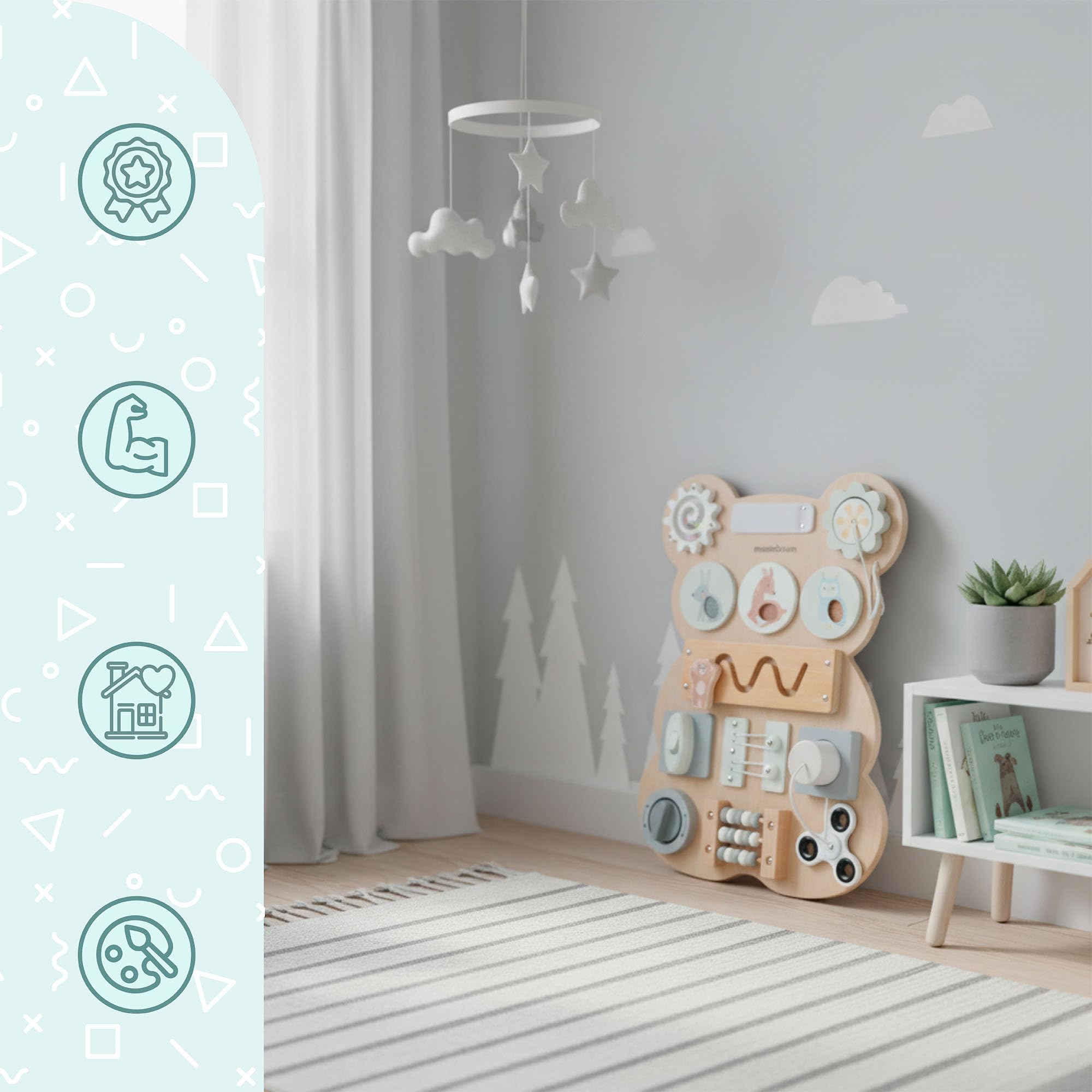 mamabrum Tabla Sensorial Montessori Oso – Juego Educativo Manipulación & Motricidad, Laberinto, Velcro, Enchufe & Botón Clic, Madera Sólida, Desarrollo Coordinación Bebés Niños