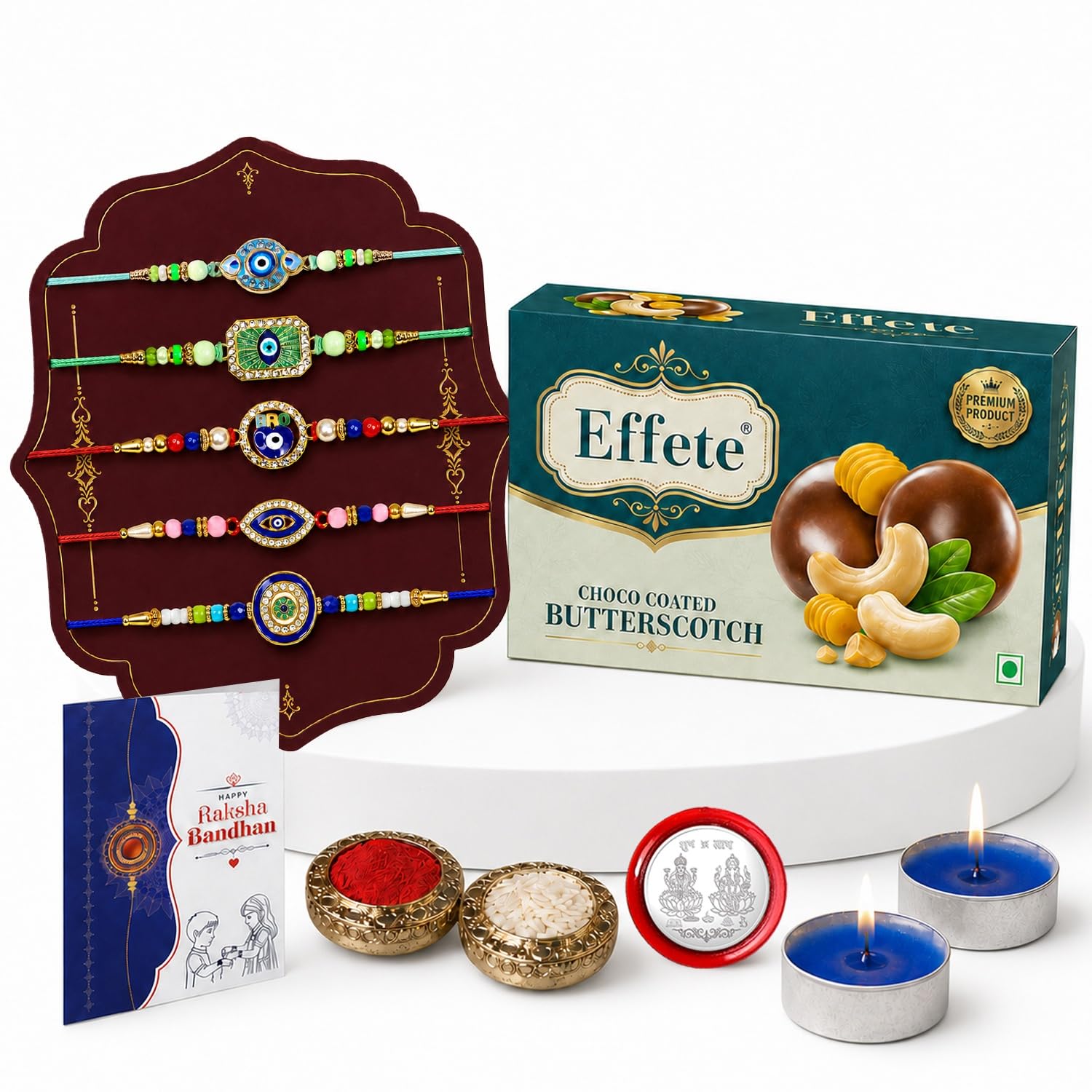 DeoDap (K2_703+A22_AS) Multicolor Rakhi Combo with Effete Assorted Chocolate Dry fruits , Silver Color Pooja Coin, Roli Chawal & Greeting Card, Occasion, Rakhi & Chocolate for brother, bracelets for men stylish, rakhi with gift, Rakhi Combo, Set of 2 Rakhi, Rakhi Chocolate Gift combo-image-42