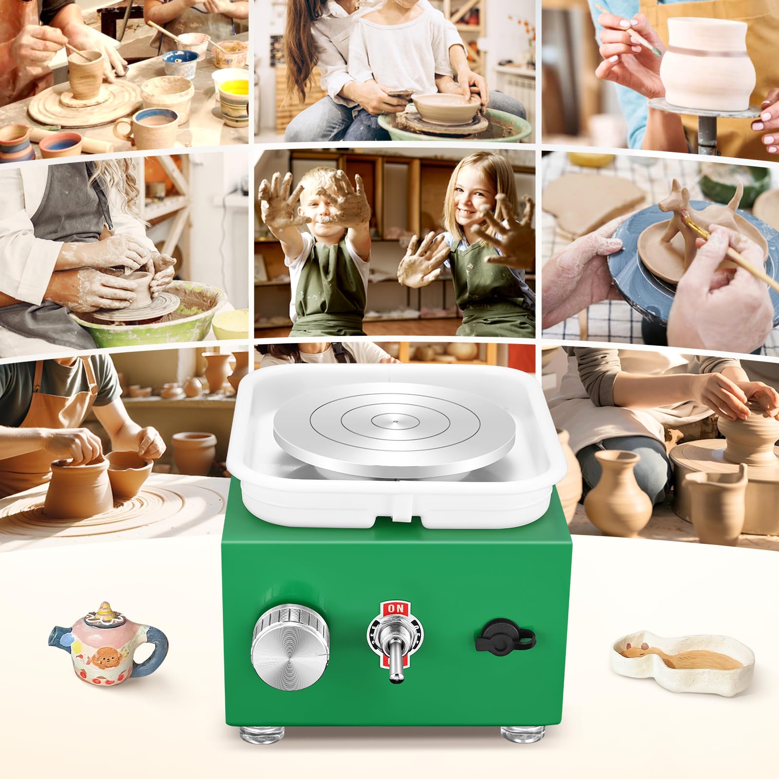 Torno Alfarero, Kooeuru Torno Ceramica 2000RPM Velocidad Ajustable con Placas de 10/6,5 cm, Herramientas de Modelado y Cuenco Extraíble, Torno Alfarero Niños y Adultos (Verde)