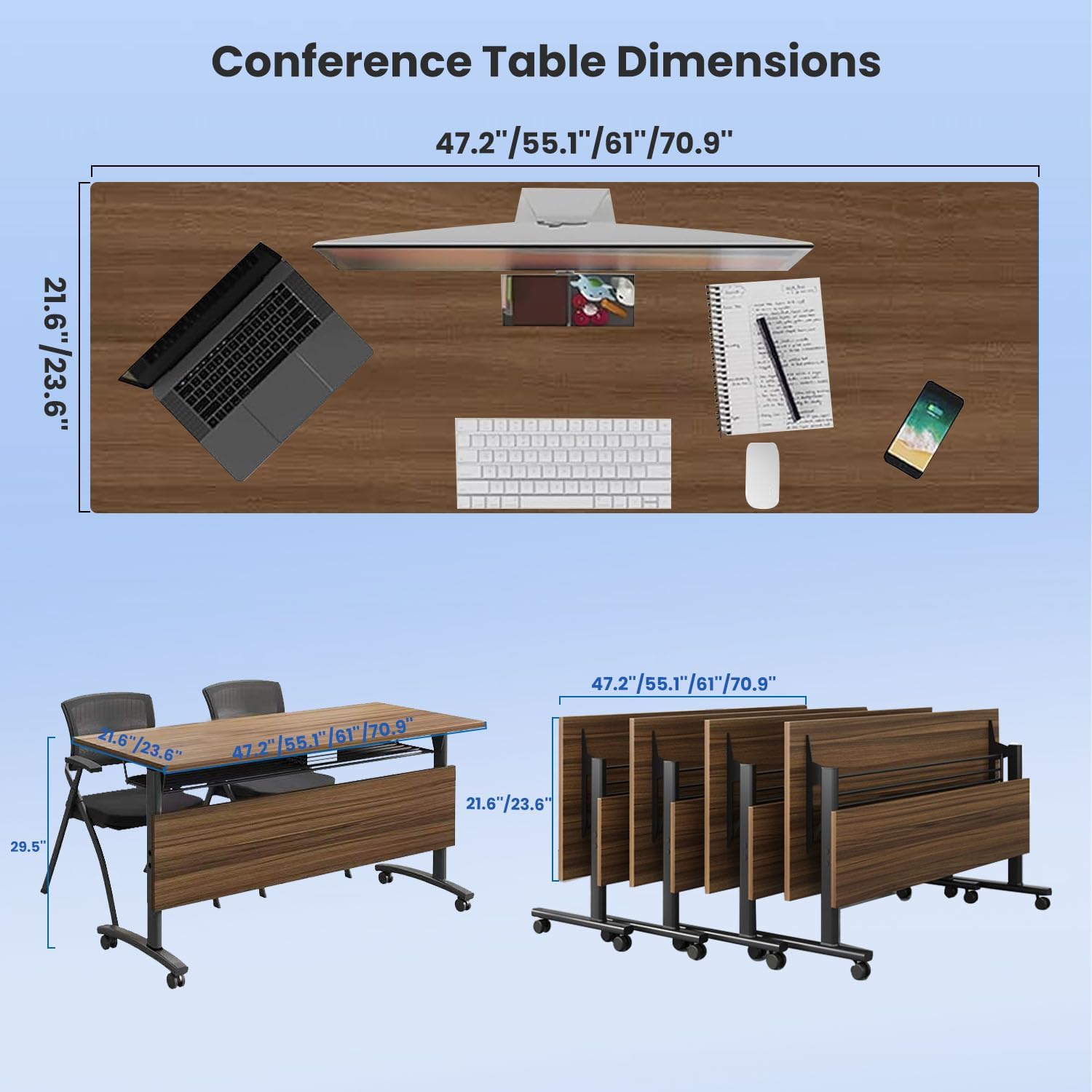 6PCS Folding Conference Room Table 70.8in,Mobile Conference Table on Wheels,Flip Top Collapsible Training Tables Heavy Duty Modular Meeting Seminar Tables for Office,Classroom- Easy Assemble