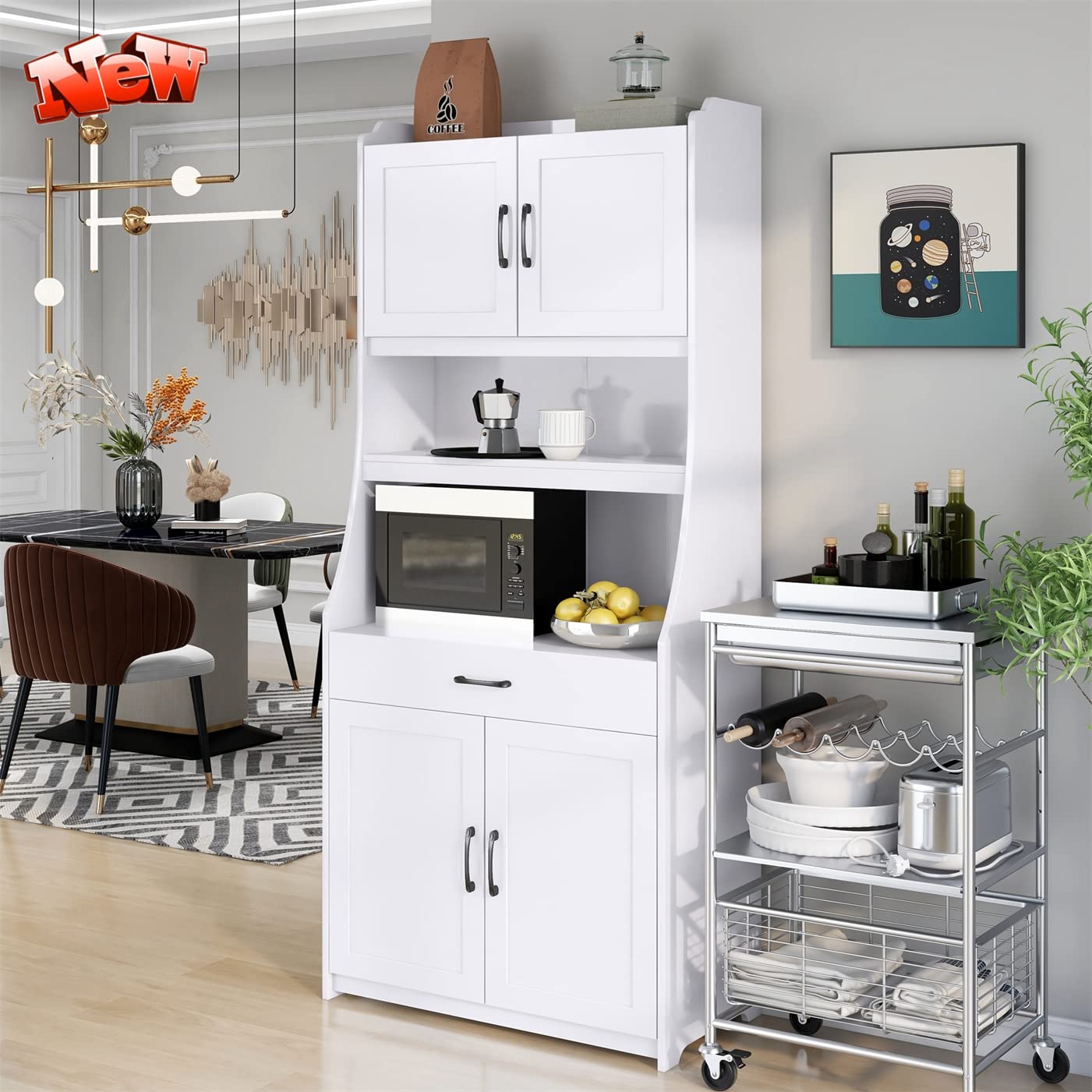 CPARTS Latest Upgraded & Stronger Freestanding Kitchen Pantry Cabinet Cupboard, Enhanced Thicken Wood Tall Storage Cabinet with Door & Shelves & Drawer for Dining Room, Easier Assembly (White)