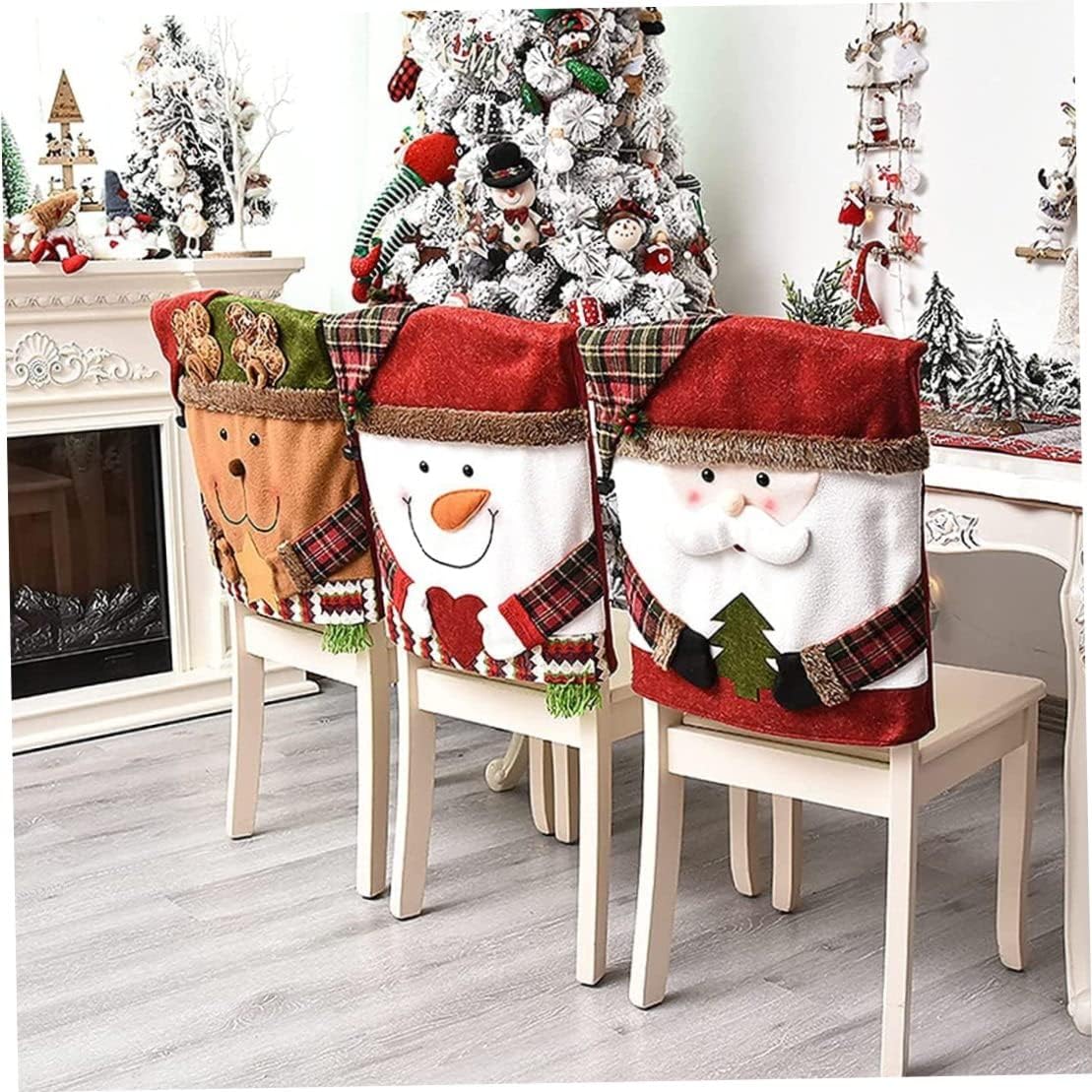 Christmas Chair Back Covers, 3pcs Santa Claus Snowman Reindeer Christmas Chair Cover, Xmas Dinner Chair Slipcover for Kitchen Hotel Holiday Party Decor
