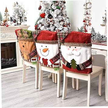 Christmas Chair Back Covers, 3pcs Santa Claus Snowman Reindeer Christmas Chair Cover, Xmas Dinner Chair Slipcover for Kitchen Hotel Holiday Party Decor
