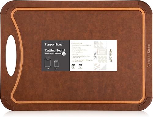 CompactStone Tabla de cortar con pies antideslizantes y ranura para jugo para cocina, compuesto de fibra de madera, 17.3 x 12.8 pulgadas, marrón