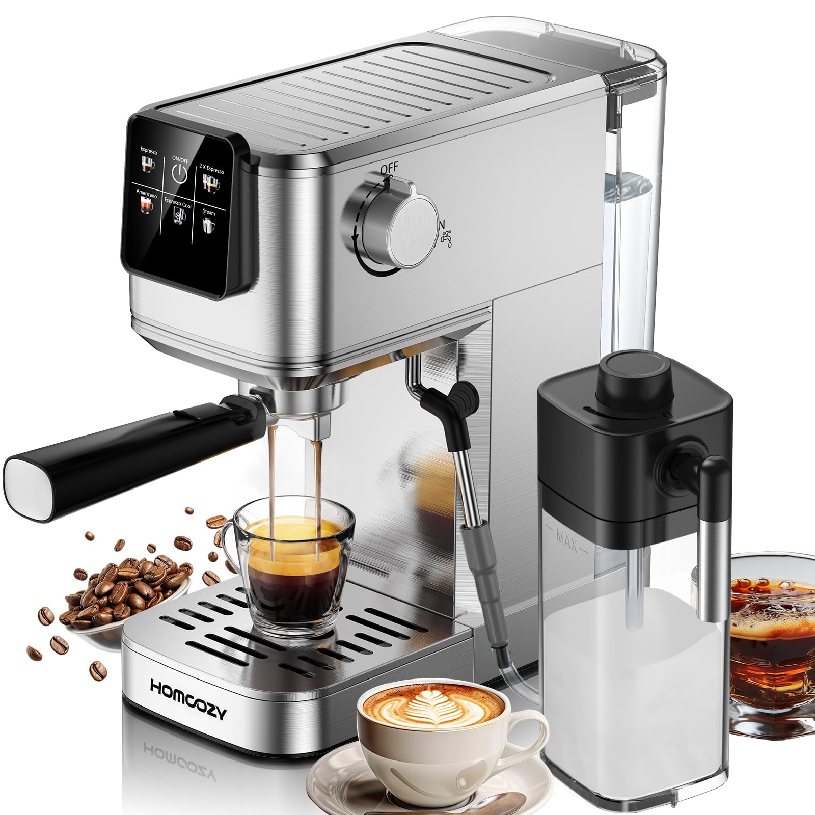 20 Bar Espresso Coffee Machine with Rapid Cold Brew Technology, Separate Milk Tank, Touch Screen Control, Water Tank, Ideal for Lattes, Cappuccinos, Americano, Home & Office Use, Stainless Steel