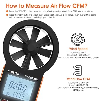 مقياس الرياح Cfm مقياس شدة الريح ، مقياس تدفق الهواء قياس سرعة الرياح 0.3 ~ 30 م / ث ، شاشة تدفق الهواء 0-999900 قدم 3 / دقيقة للتهوية الهوائية لقناة Hvac ، مقياس الرياح باللمس 6000gh
