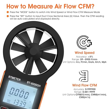 مقياس الرياح Cfm مقياس شدة الريح ، مقياس تدفق الهواء قياس سرعة الرياح 0.3 ~ 30 م / ث ، شاشة تدفق الهواء 0-999900 قدم 3 / دقيقة للتهوية الهوائية لقناة Hvac ، مقياس الرياح باللمس 6000gh