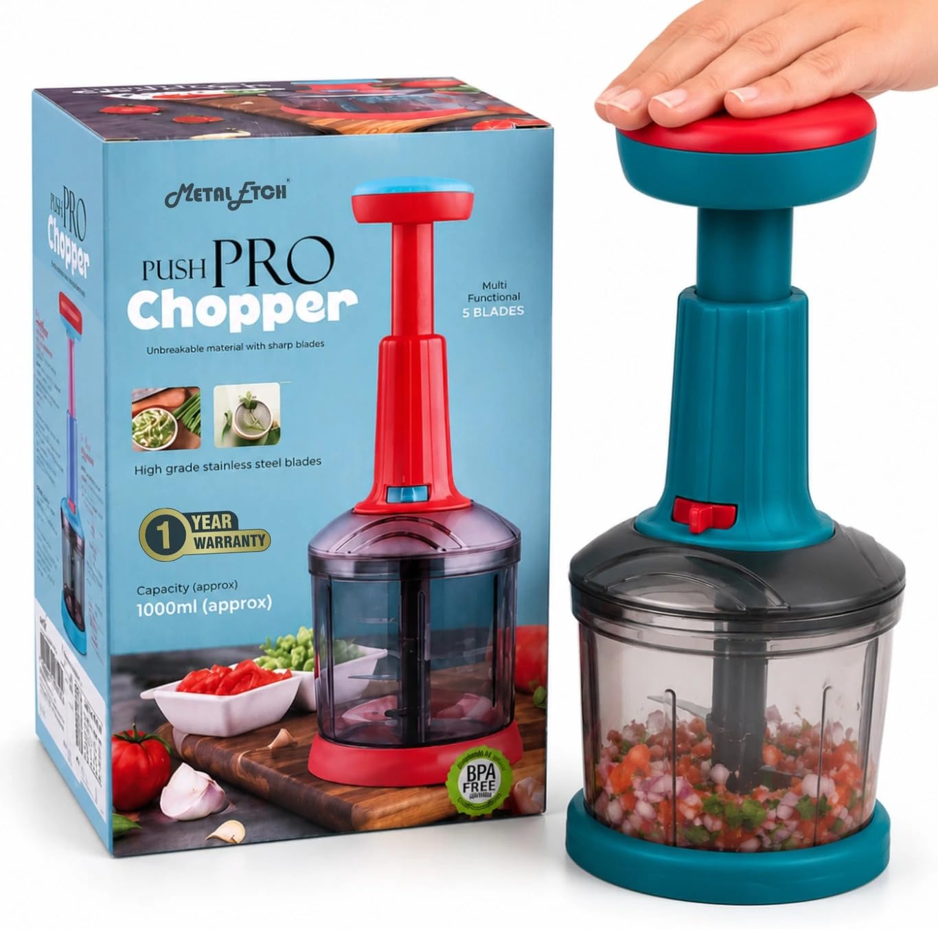 Manual Hand Press Push Chopper with 5 Blades for Effortless Chopping Vegetables & Fruits (Assorted, 1000 ml, Plastic);-image-23
