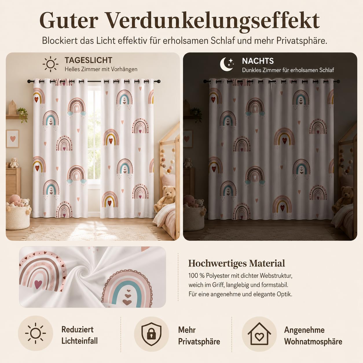 Vorhänge Regenbogen, Verdunkelungsvorhang Boho Liebesherz mit Ösen, Vorhang Blickdicht Thermovorhang für Schlafzimmer Wohnzimmer Kinderzimmer, Ombre Gardinen Deko 2er Set 160 x 100 cm (HxB) T-176