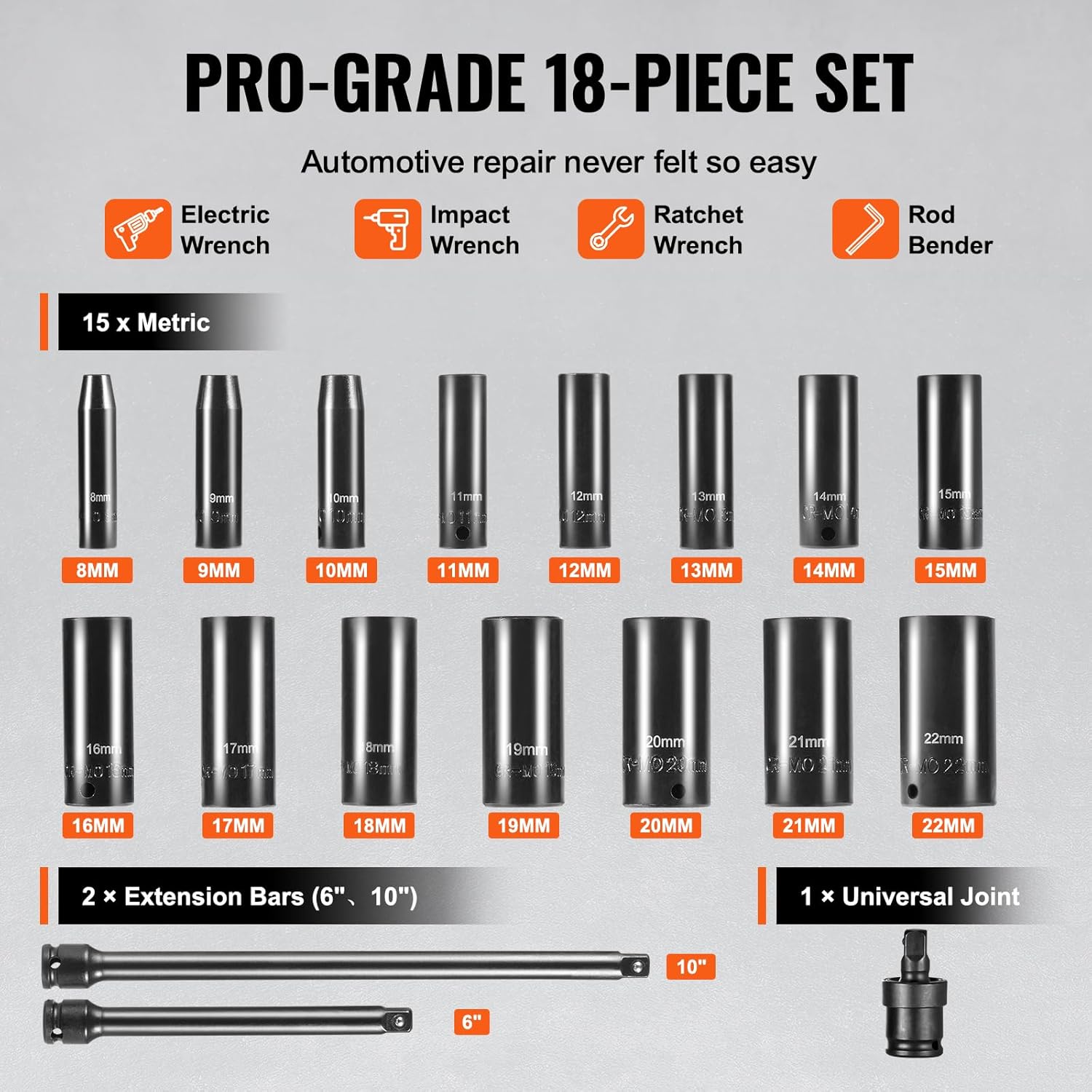 VEVOR Drive Impact Socket Set 3/8" - 18 Piece Deep Socket Set Metric 8-22mm - 6 Point CR-V Alloy Steel for Auto Repair - Easy-to-Read Size Markings - Rugged Construction Includes Storage Case