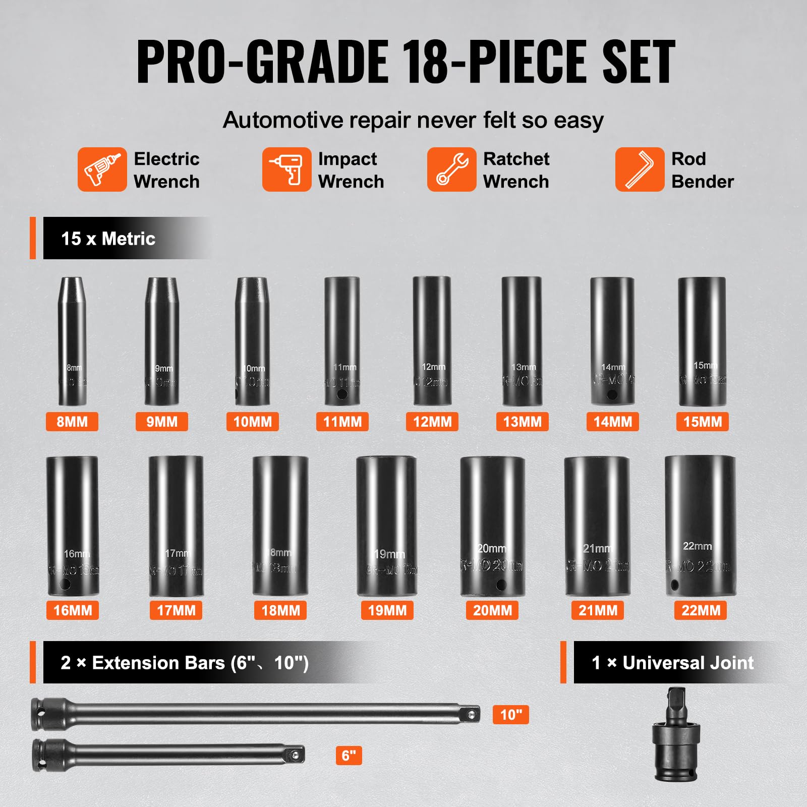 VEVOR Set Bussole a Impatto da 3/8", Set Bussole Profonde da 18 Pezzi, Metriche da 8 a 22 mm, Acciaio Legato CR-V a 6 Punte per Riparazioni Auto, Marcature Dimensioni Struttura Robusta con Valigetta
