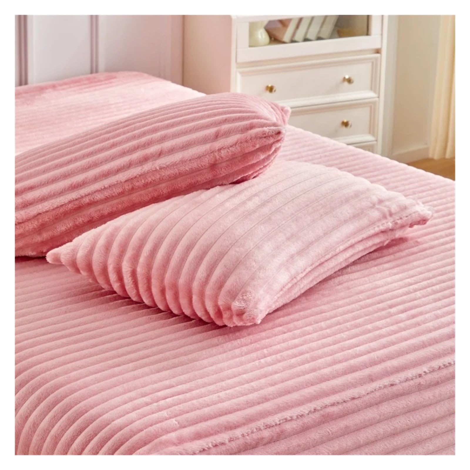Copri Materasso Matrimoniale Copripiumino, coperta, copricuscino e copriletto in velluto a doppia faccia, con pelo di coniglio, set da tre pezzi(Pink,138X190 high30CM3PCS)