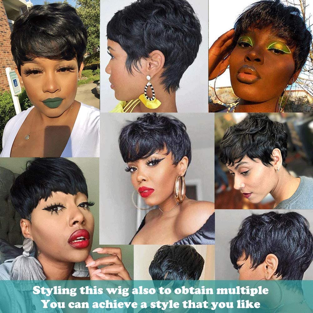 Perruque Courte short Pixie Human Hair Wig with Bangs Perruque De Cheveux Humains lisse Brésilienne Cheveux avec Frange Naturelle Perruques pour Femmes (Noir)