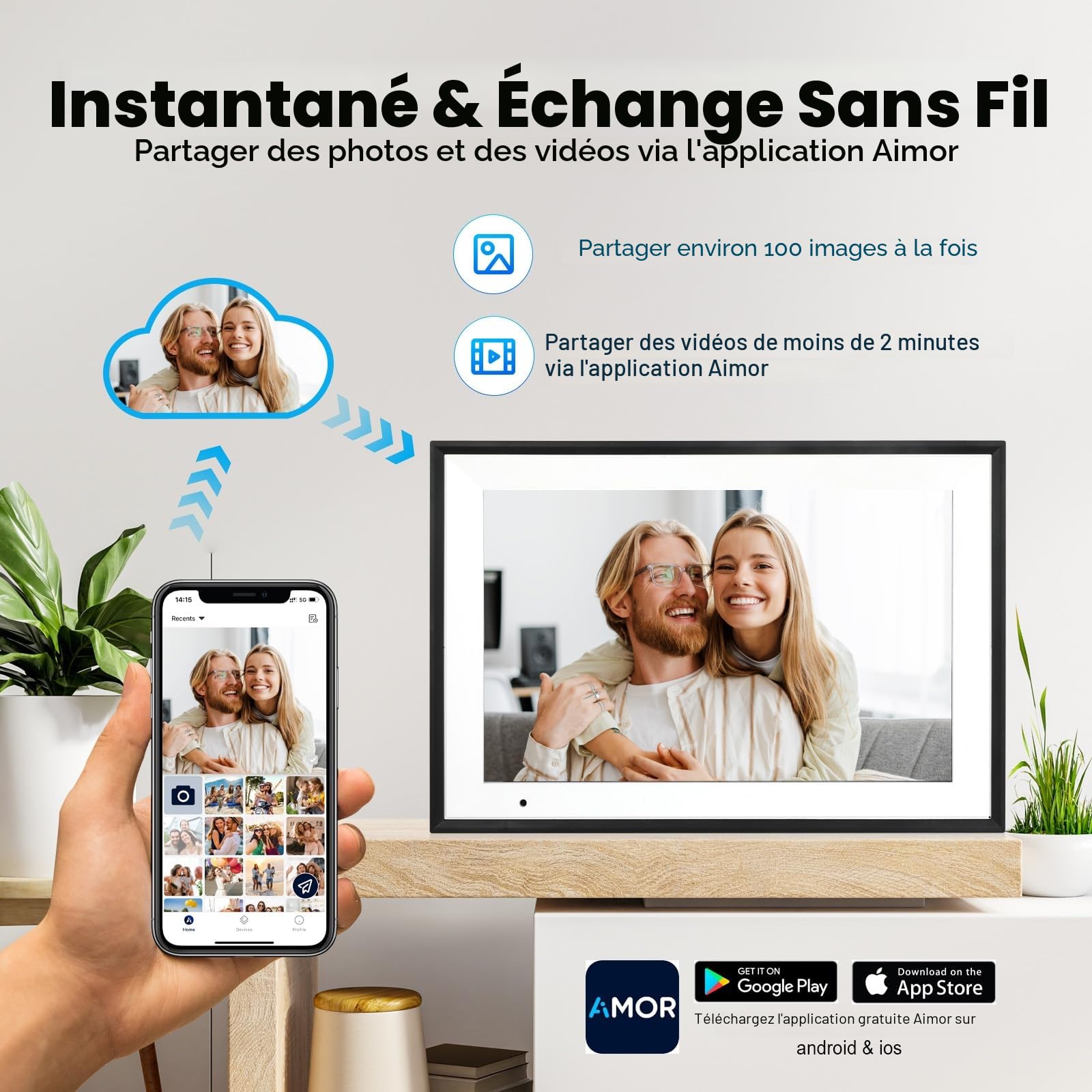 AEEZO Cadre Photo Numérique 10,1 Pouces WiFi (32 Go) - Écran Tactile IPS HD 1280x800 - Rotation Automatique, Partage Instantané Depuis Smartphone/Cloud - Cadre Photo Connecté pour Famille