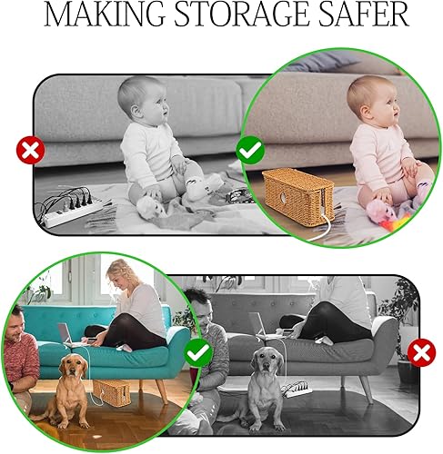 Miniatura 6 de Caja organizadora de cables de ratán, caja organizadora de cables tejida a mano, 4 ranuras abiertas, caja oculta debajo del escritorio, gestión de