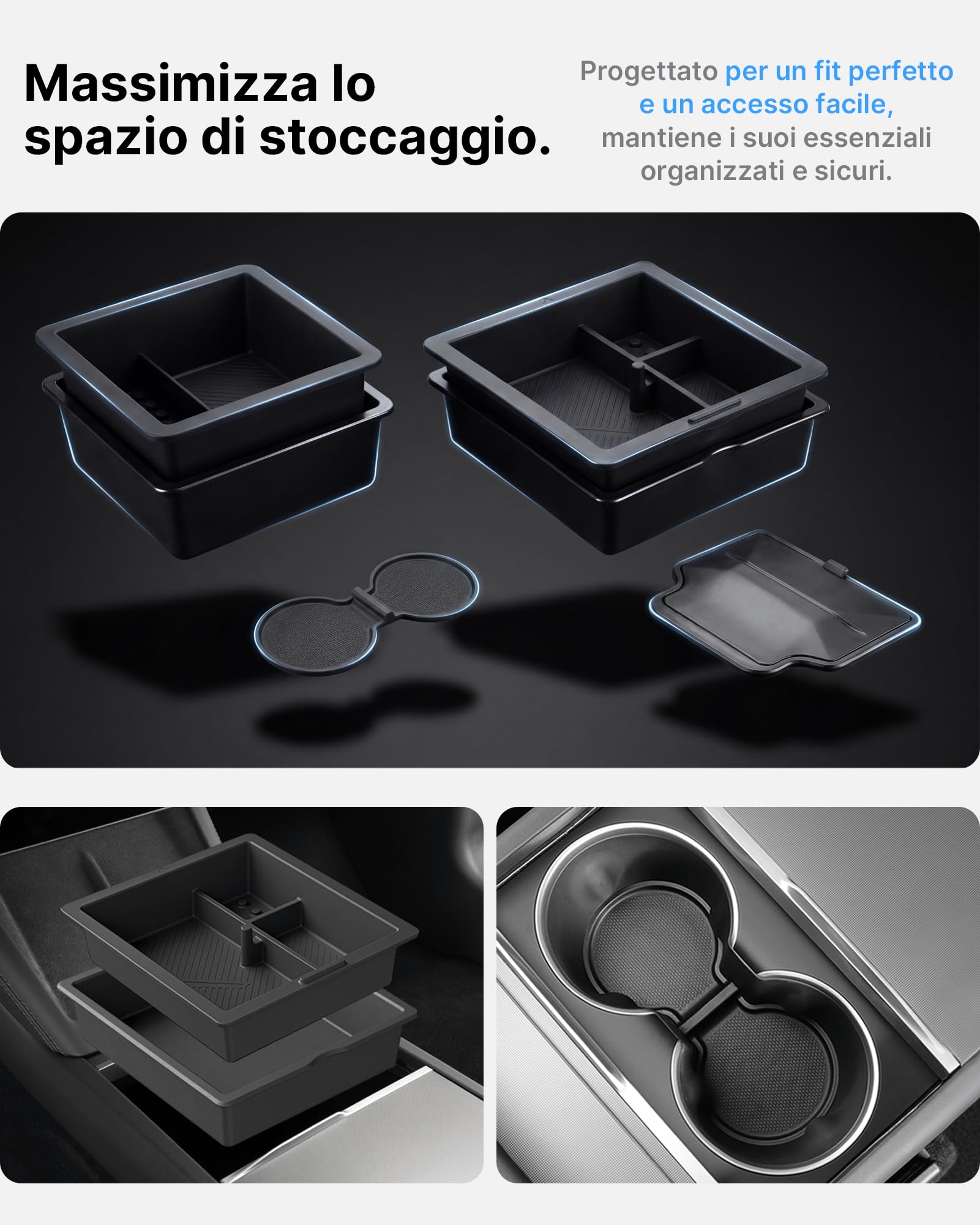Set 4 Organizer Per Consolle Centrale Tesla Model 3 Highland 2024-2026 & Model y Juniper 2025-2026 (Premium/Performance) – Vano Magnetico Nascosto, Antiscivolo, Senza Attrezzi