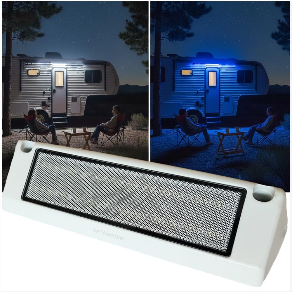 Wave One Marine Dual Color 9" LED Exterior Porch Patio Angle Light | 12v Volt 2400 Lumen Fixture Replacement Lighting RVs Boat Travel Trailer Camper RV Awning Outdoor (White Housing, White | Blue)