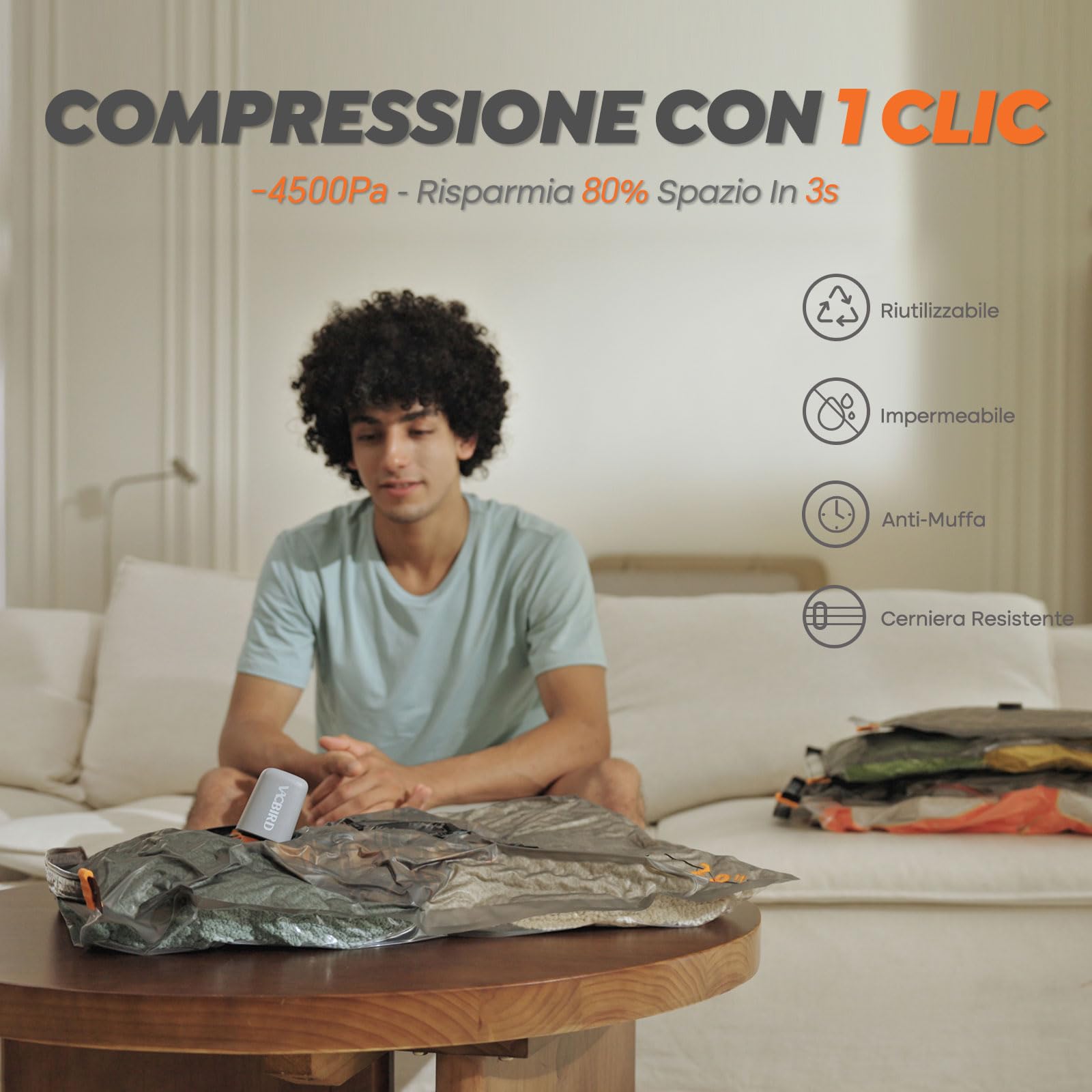 Vacbird Sacchetti Sottovuoto Vestiti Con Pompa Sottovuoto Senza Fili, 20 Pezzi (8 * 40x54cm, 8 * 47x64cm, 4 * 54x74cm), Buste Sottovuoto Vestiti Salvaspazio – Ideali per Viaggi e Organizzare Bagagli