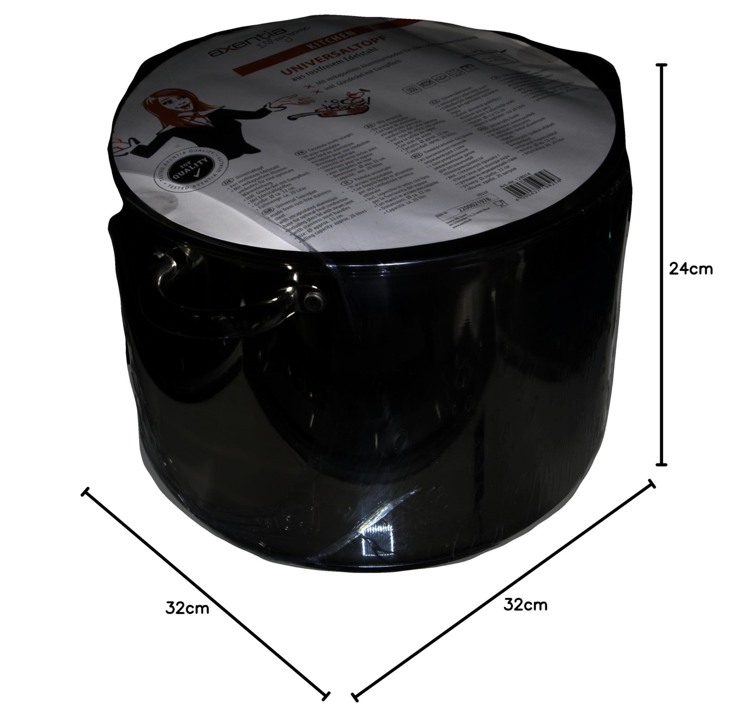 axentia Pentola in Acciaio Inox con Coperchio in Vetro, Ø 32 cm, Altezza 24 cm, 20 l, Adatta per Tutti i fornelli Incluso induzione, Argento