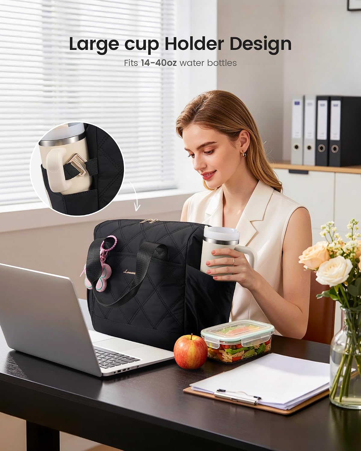 LOVEVOOK Insulated Lunch Bag Women, Adult Lunch Box for Women Work, Large Leakproof Cooler lunch Bags for Picnic Beach Family College, Lunch Teacher Tote Bag with Adjustable Shoulder Strap Cup Holder image 2
