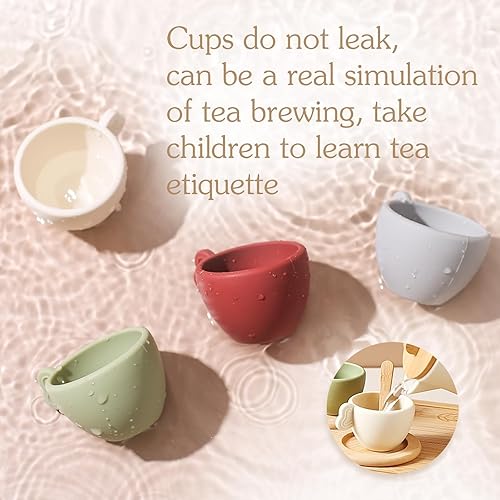 Miniatura 7 de Juego de té para niños, juego de té de madera para niñas y niños, accesorios de cocina para niños, juego de té apto para lavavajillas, juego de té