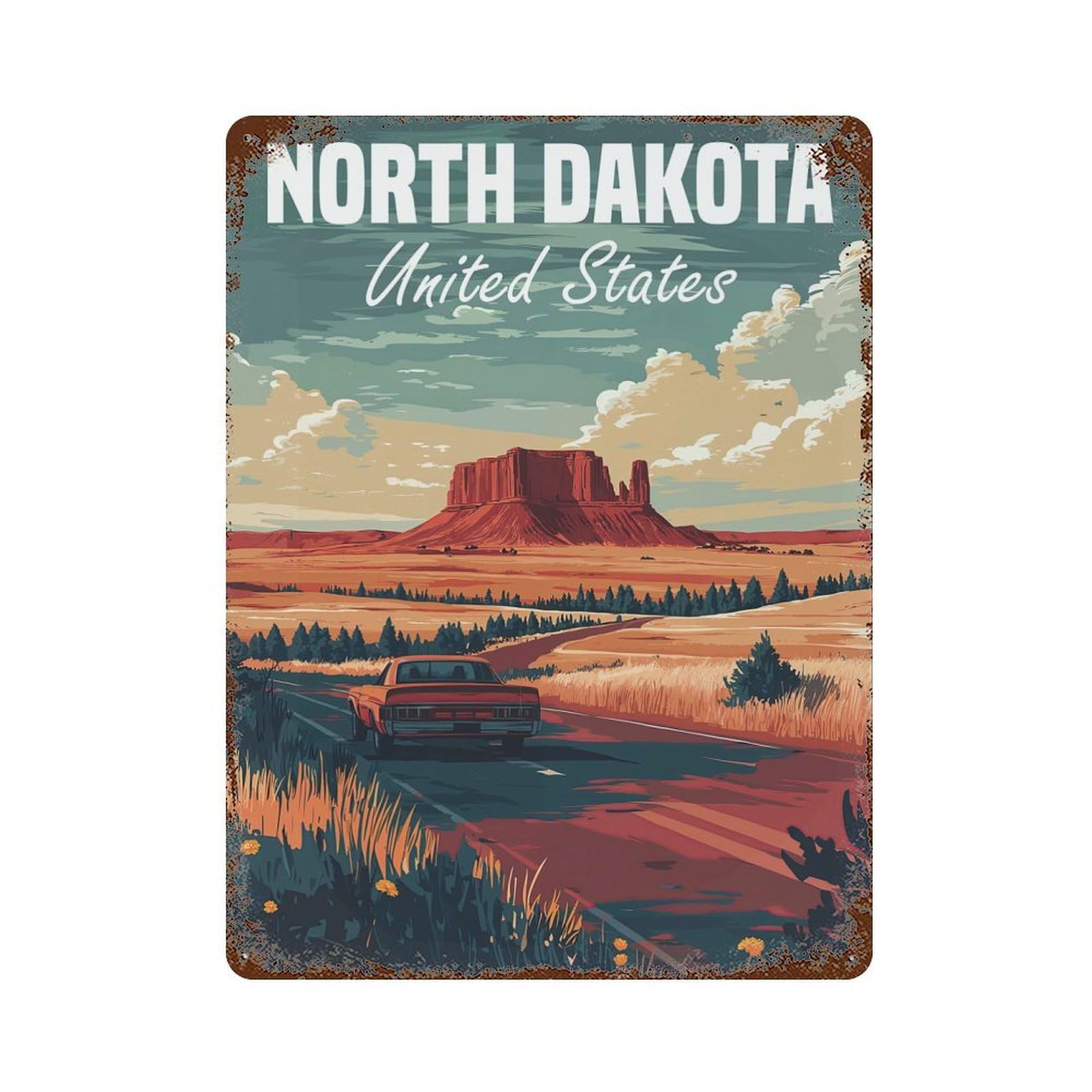 North Dakota Road Trip Rustic Tin Plaque 15.7"x11.8", Farmhouse Wall Decor for Shed, Workshop And Garage Wall Decor